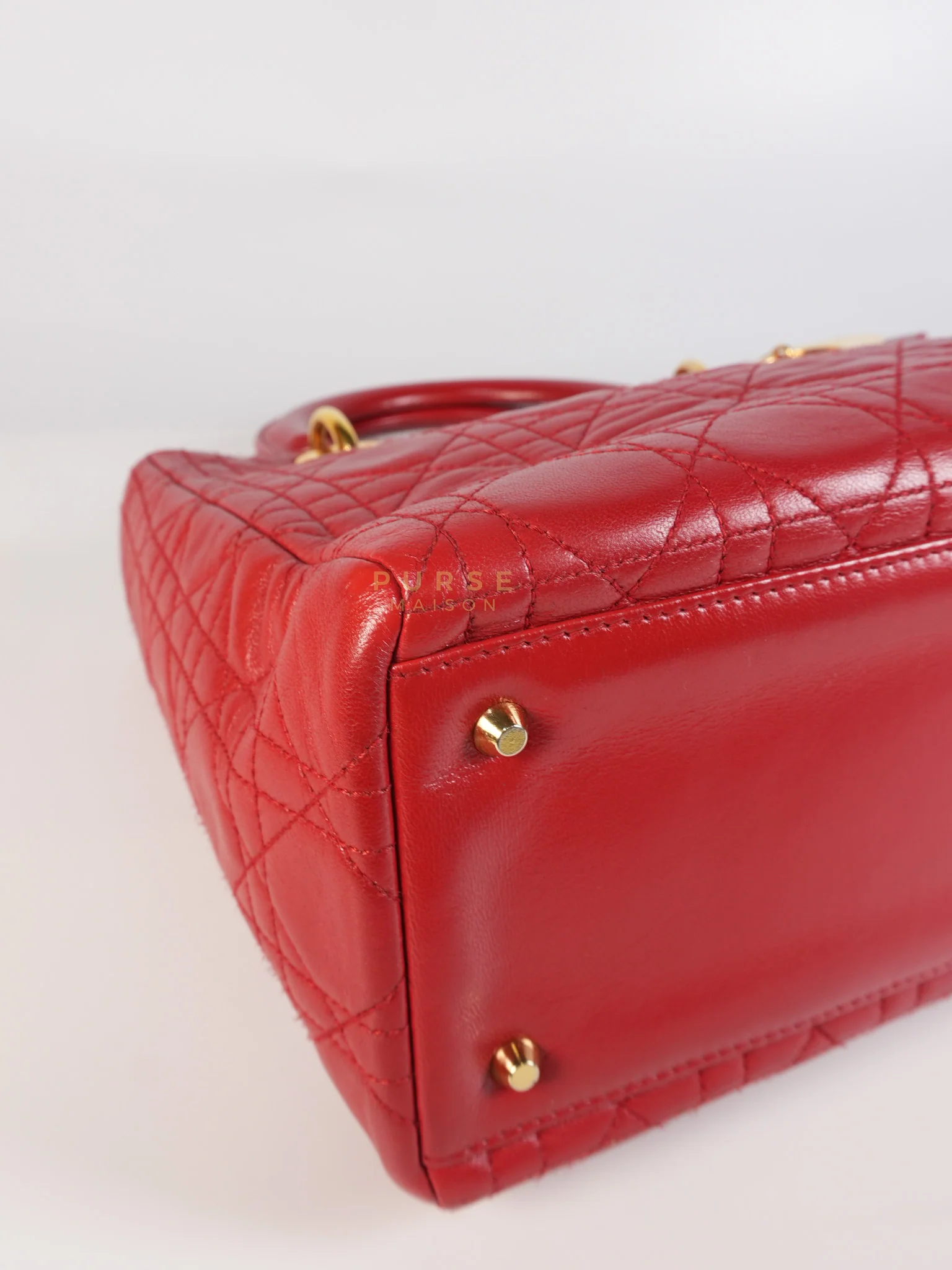 Christian Dior Lady Dior Medium In Red Quilted Lambskin Leather & Gold Hardware - Image 12