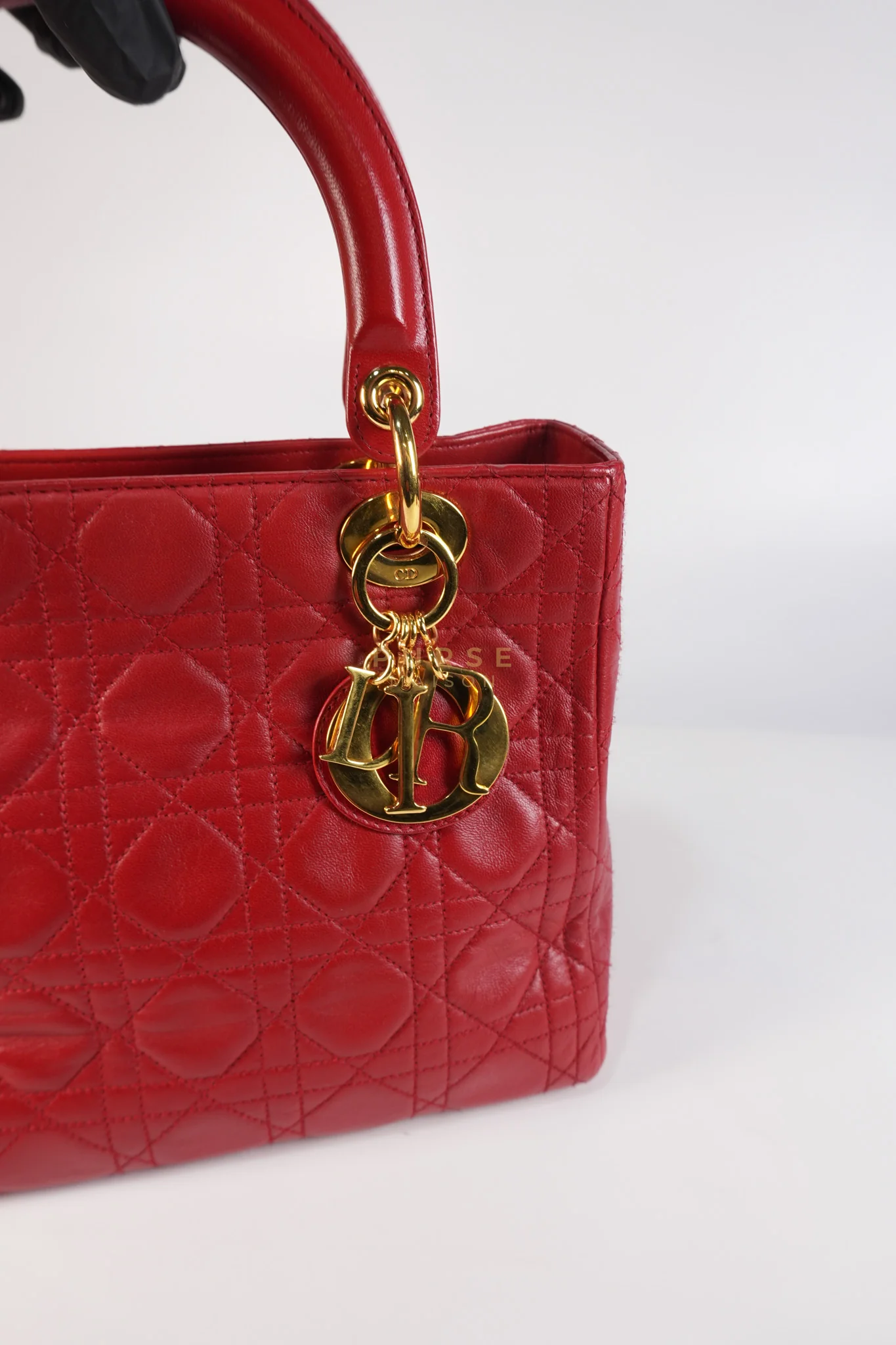 Christian Dior Lady Dior Medium In Red Quilted Lambskin Leather & Gold Hardware - Image 17