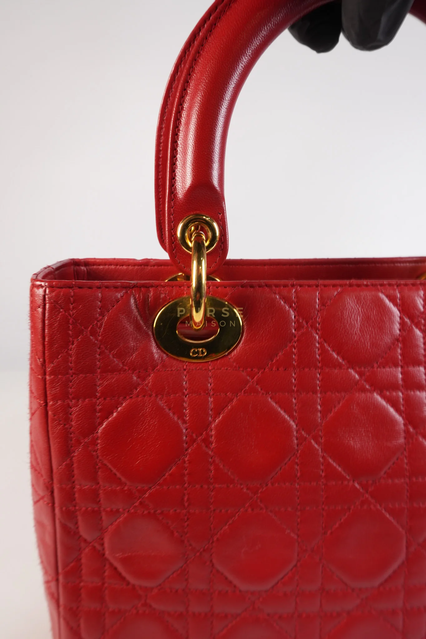 Christian Dior Lady Dior Medium In Red Quilted Lambskin Leather & Gold Hardware - Image 19