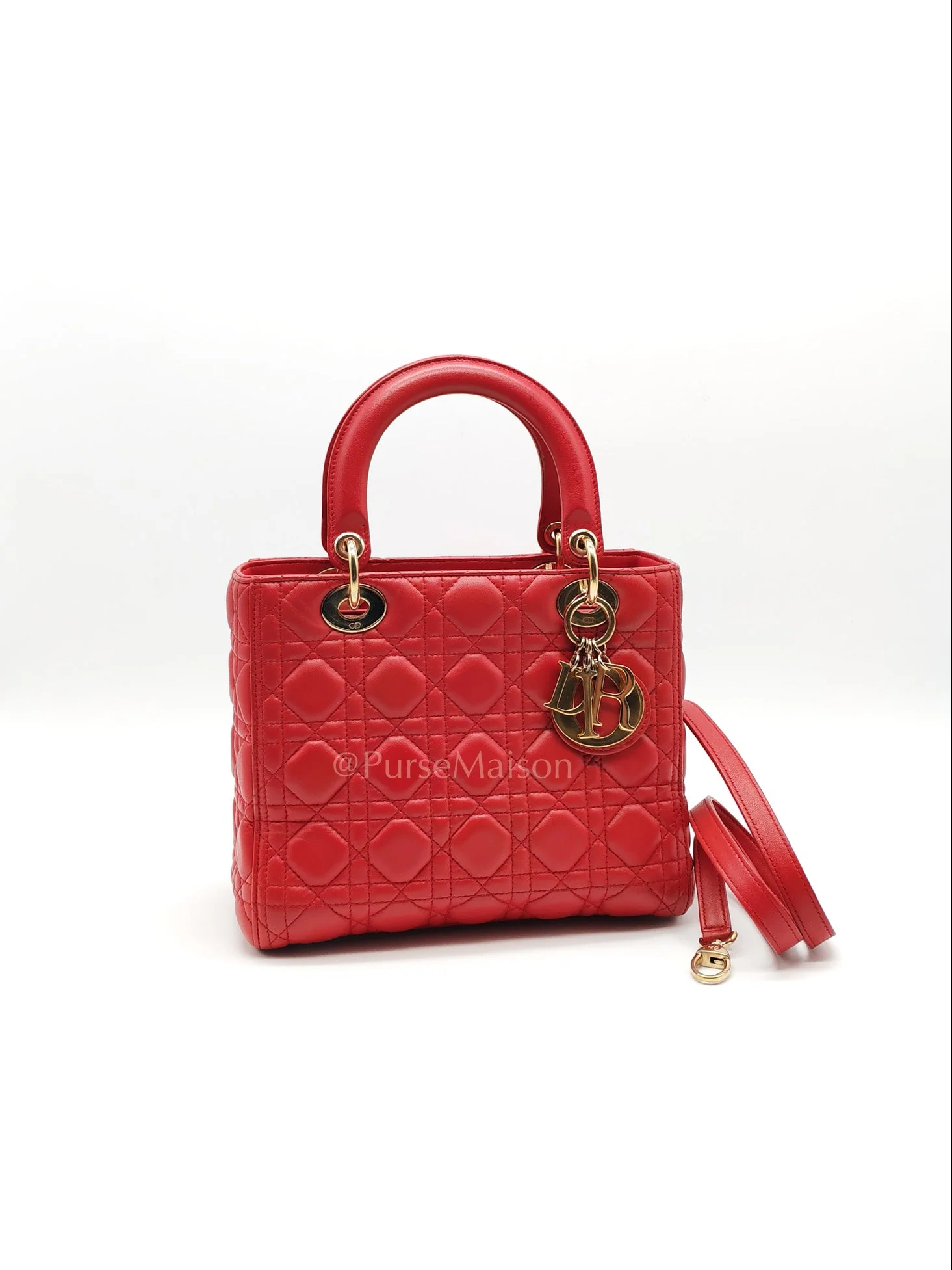 Christian Dior Lady Dior Medium in Red Quilted Cannage Lambskin Leather & Gold Hardware - Image 2