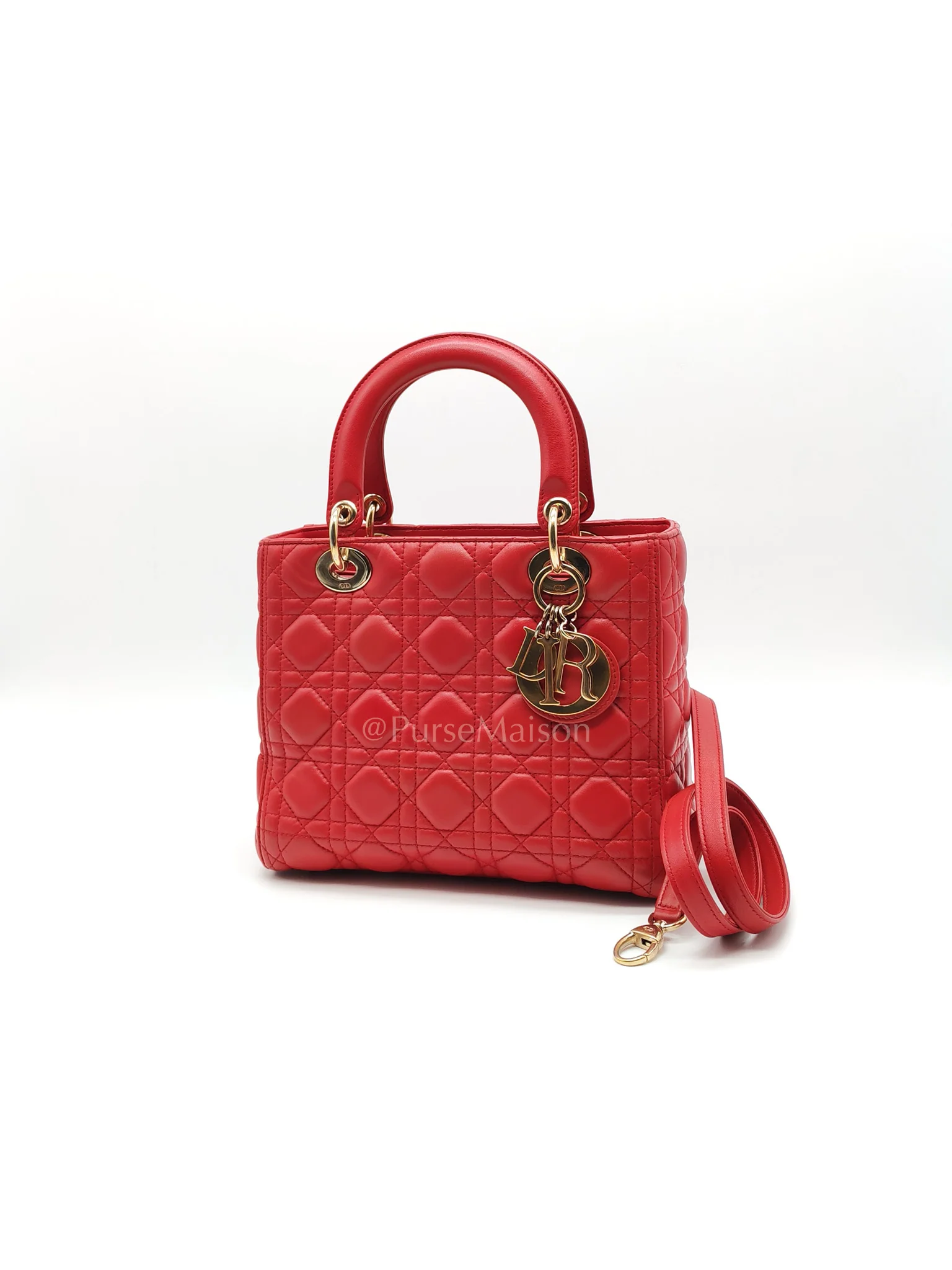Christian Dior Lady Dior Medium in Red Quilted Cannage Lambskin Leather & Gold Hardware - Image 3