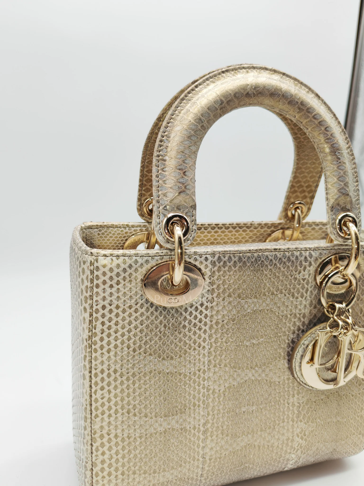 Christian Dior Lady Dior Python Small in Metallic Gold Snakeskin Leather Handbag Light Gold Hardware - Image 13