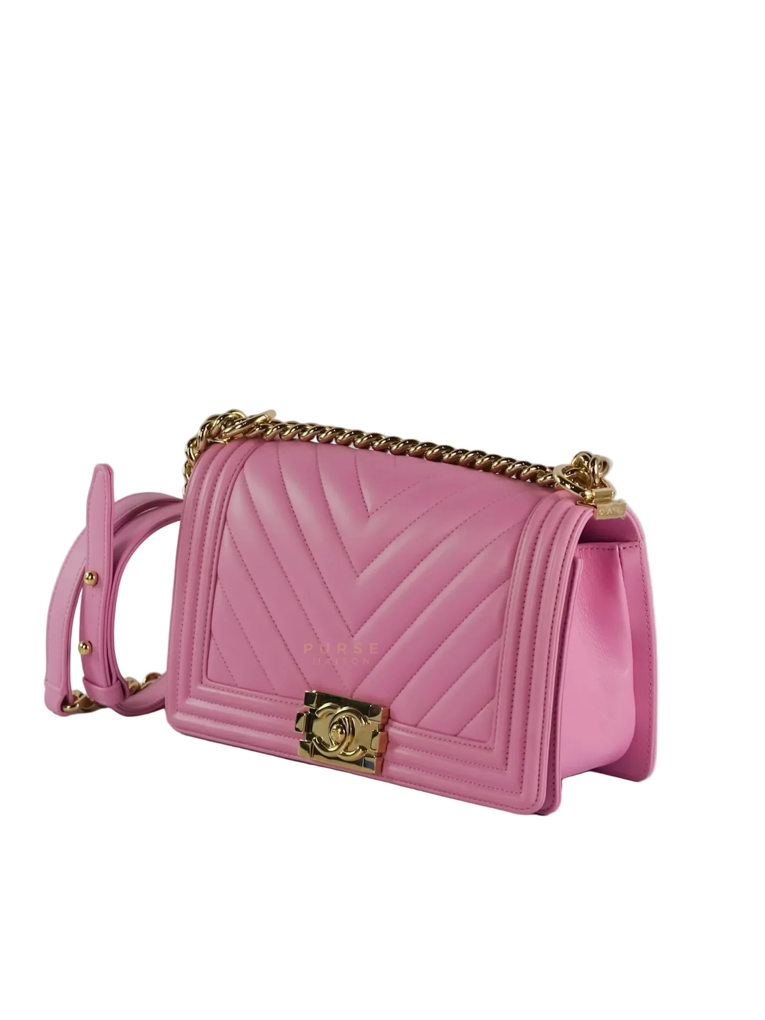 Chanel Boy Old Medium Chevron in Light Pink Lambskin Leather and Light Gold Hardware  (Microchip) - Image 3