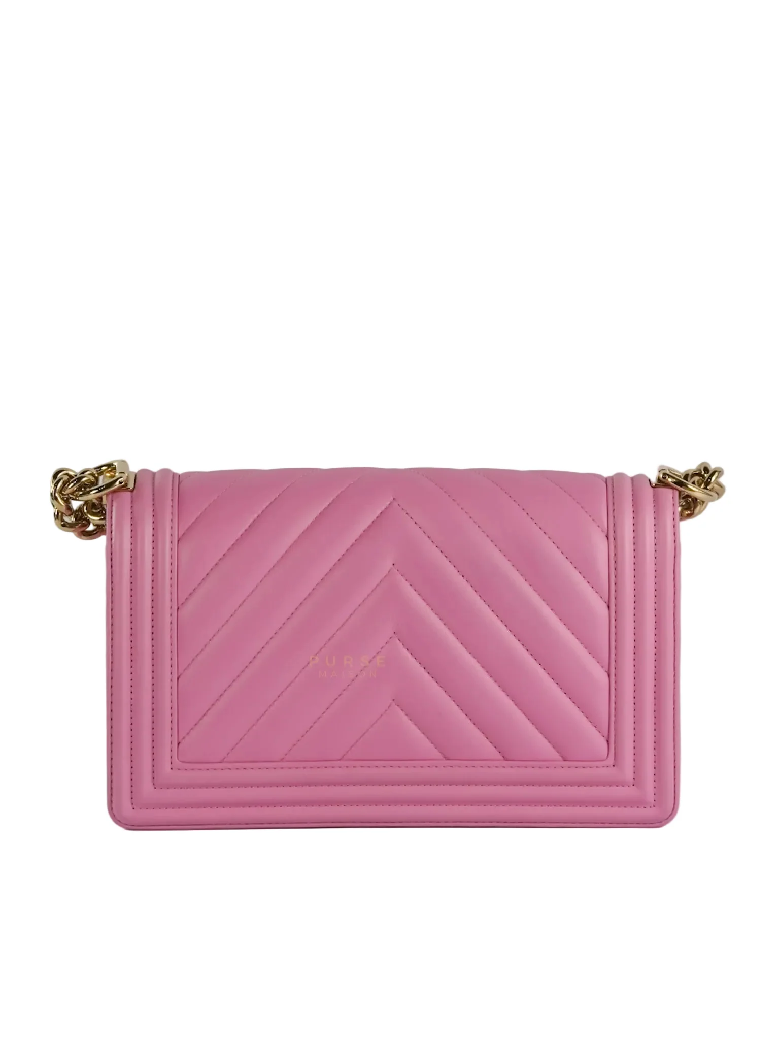 Chanel Boy Old Medium Chevron in Light Pink Lambskin Leather and Light Gold Hardware  (Microchip) - Image 4