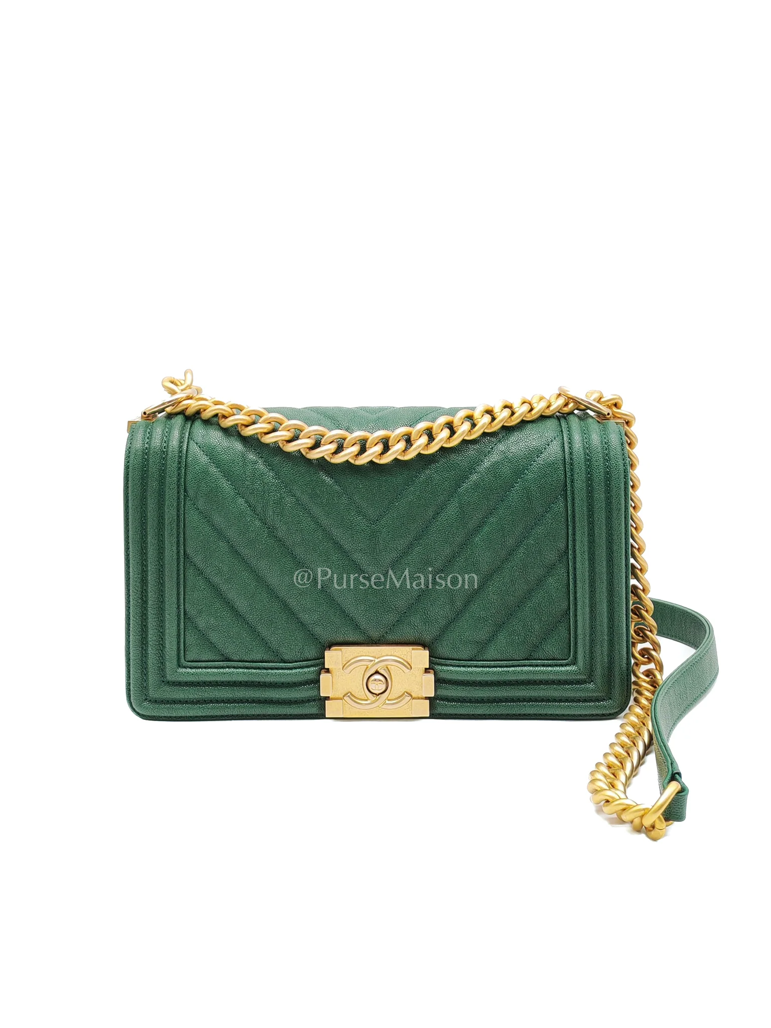 Chanel Le Boy Old Medium Green Caviar Leather in Aged Gold Hardware (Series 26)