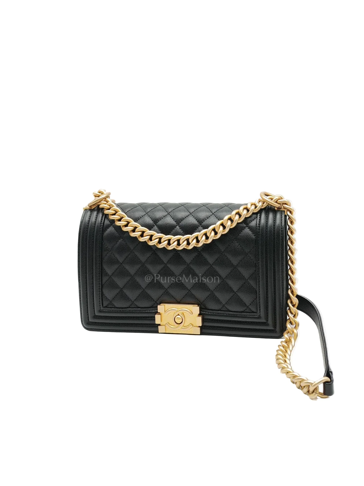 Chanel Le Boy Old Medium in Black Quilted Caviar Leather & Aged Gold Hardware Microchip - Image 3