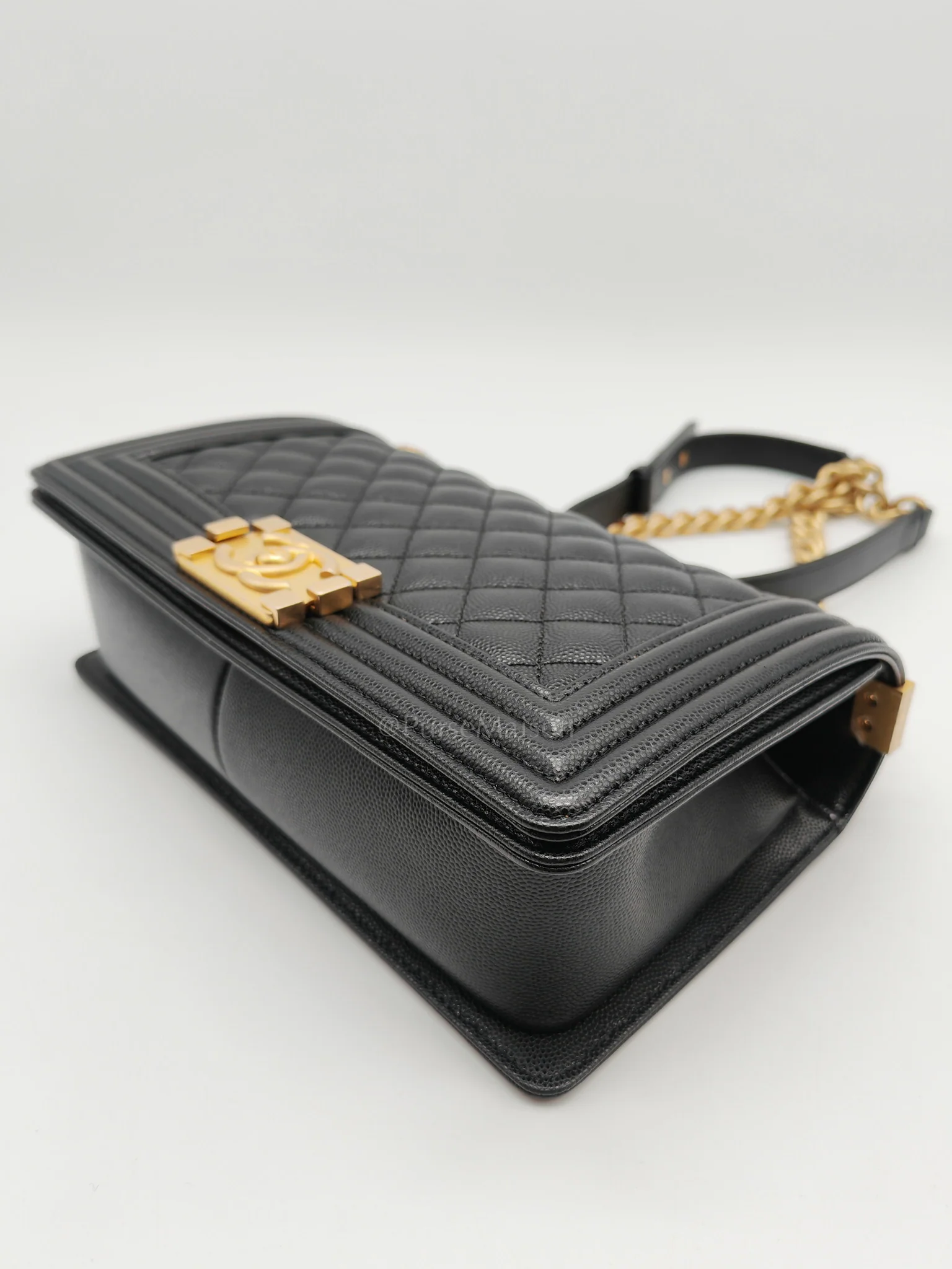 Chanel Le Boy Old Medium in Black Quilted Caviar Leather & Aged Gold Hardware Microchip - Image 9