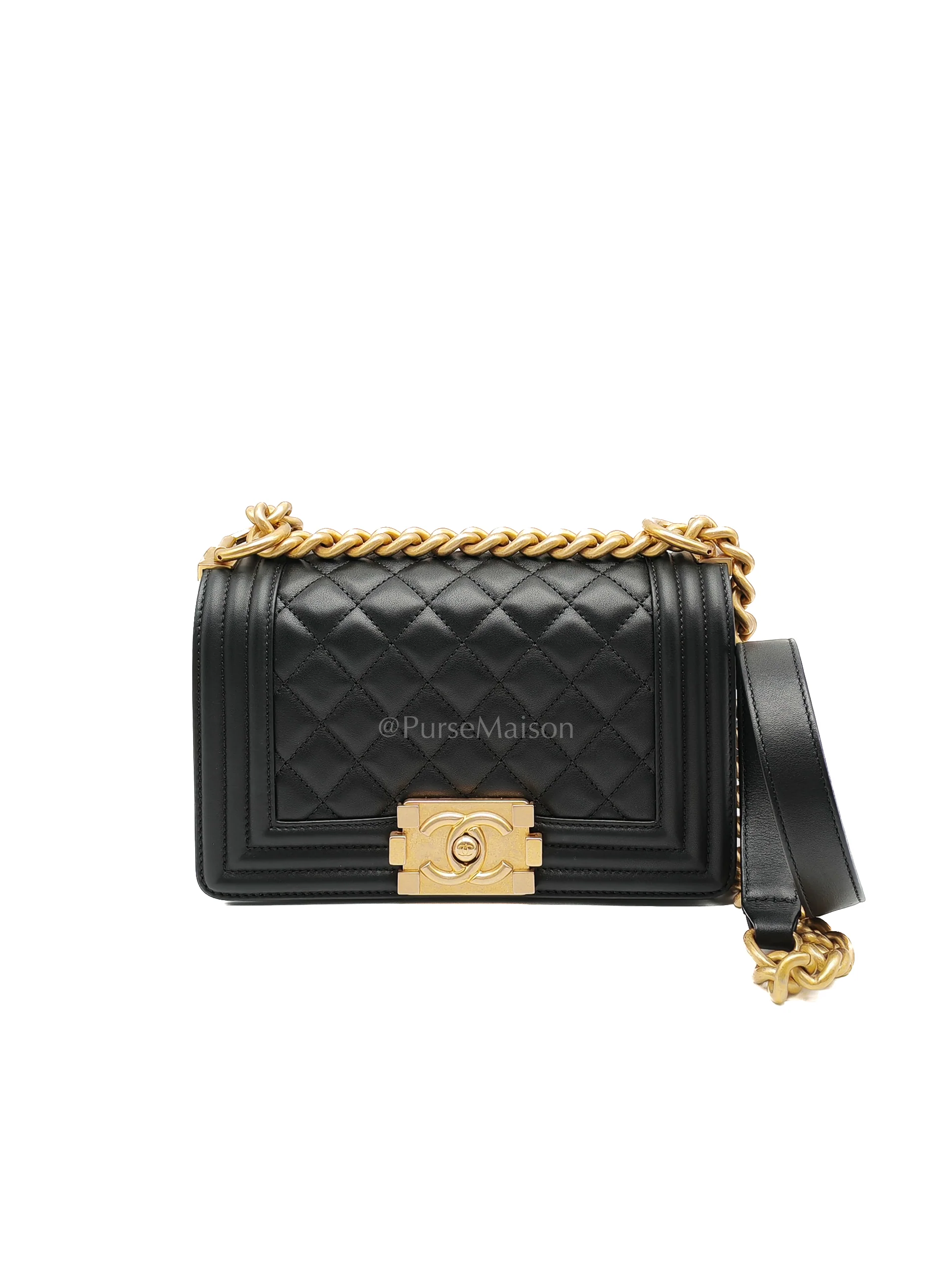 Chanel Le Boy Small Black Calfskin Leather in Aged Gold Hardware (Series 28)