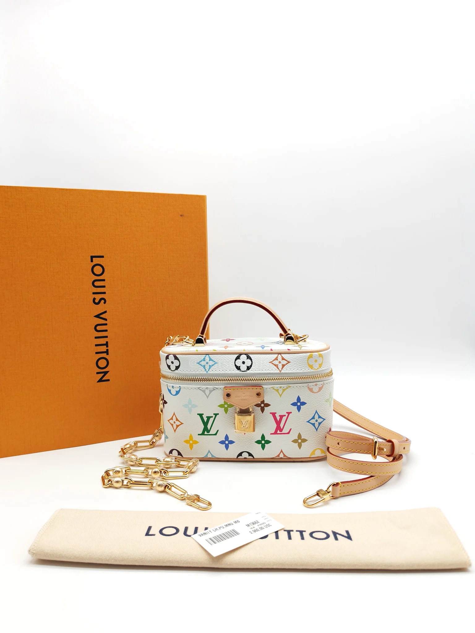 Louis Vuitton LV x Takashi Murakami Vanity Case in White Monogram Multicolor Canvas & Gold Hardware Microchip - Image 35