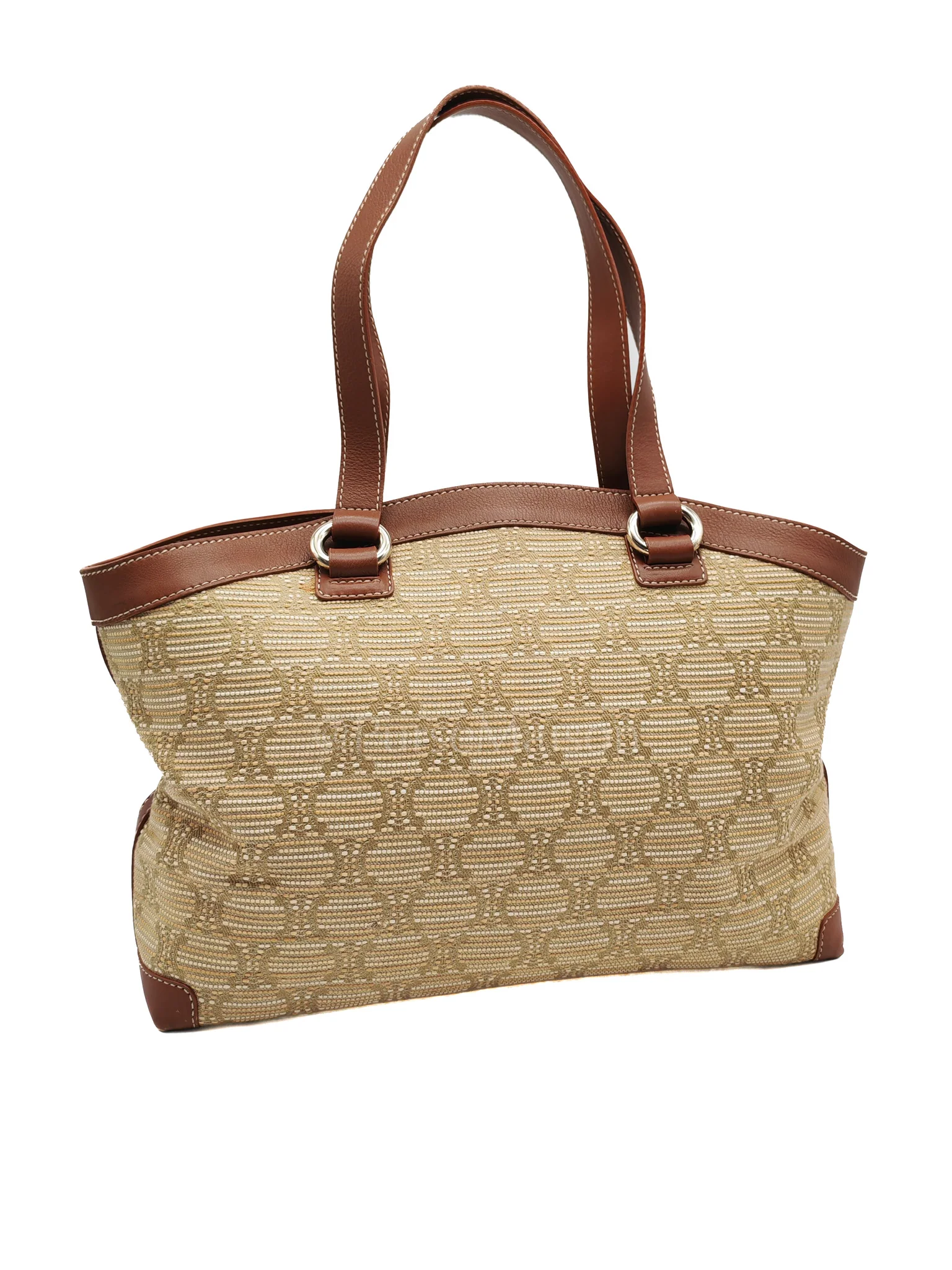Celine Macadam Monogram Canvas Tote Bag in Brown Leather Trim and Handle - Image 2