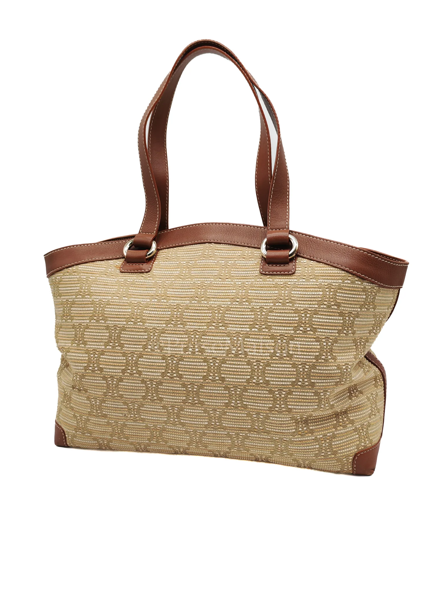 Celine Macadam Monogram Canvas Tote Bag in Brown Leather Trim and Handle - Image 3