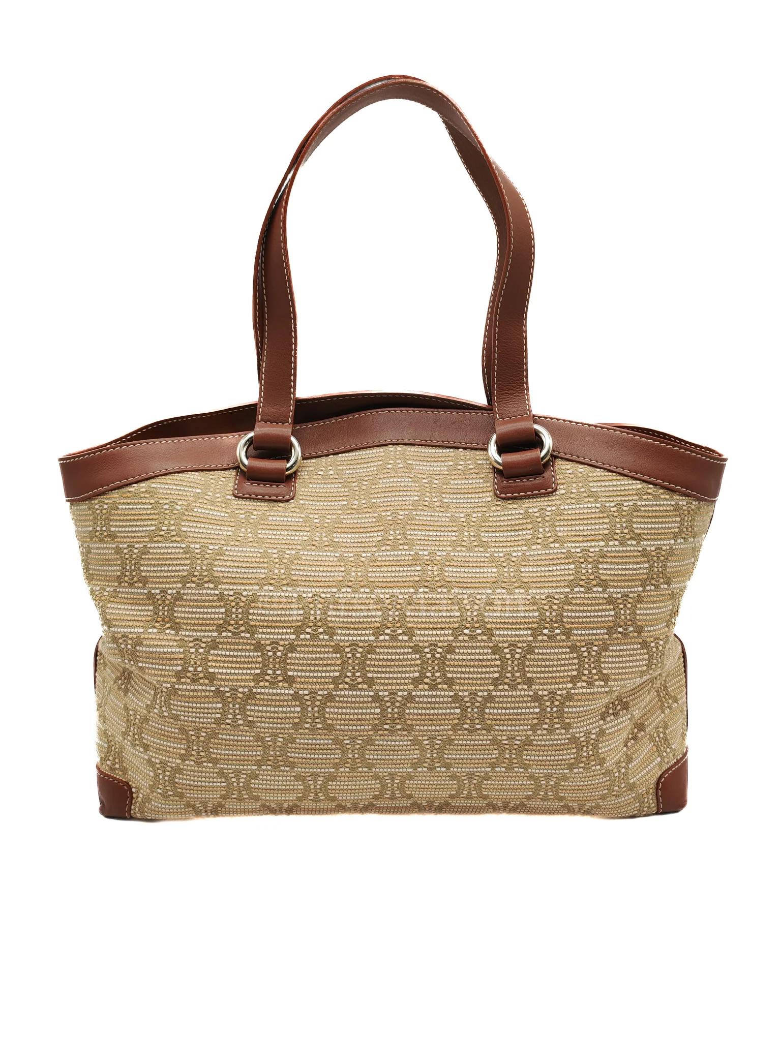 Celine Macadam Monogram Canvas Tote Bag in Brown Leather Trim and Handle - Image 4