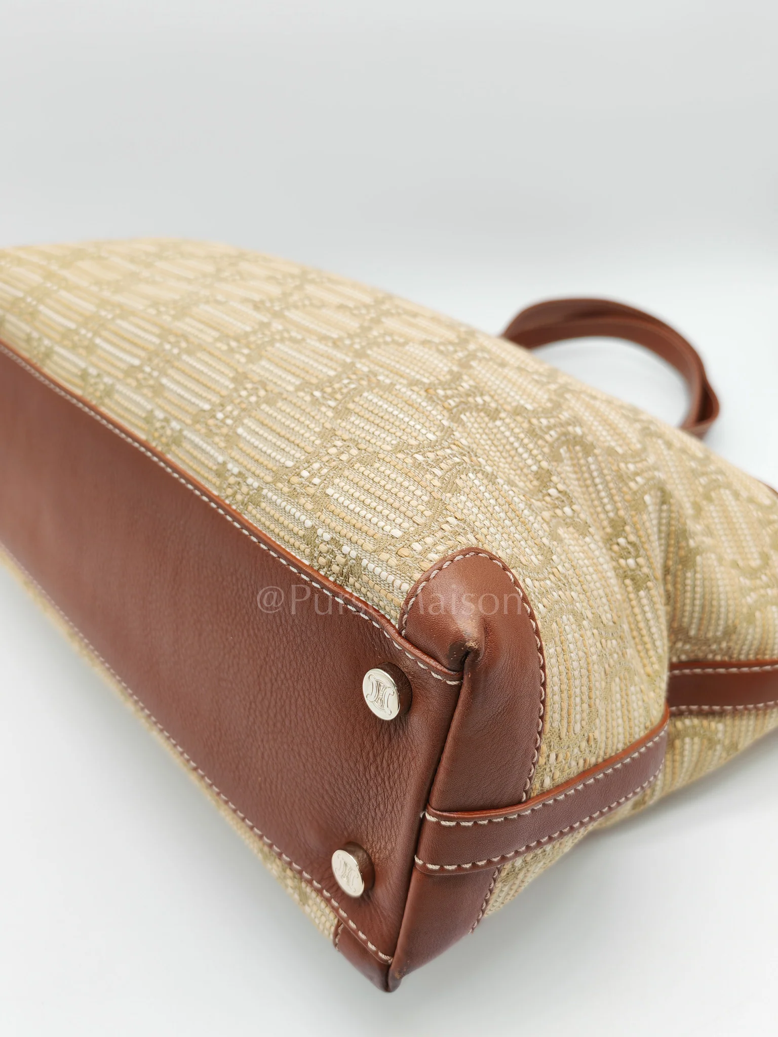 Celine Macadam Monogram Canvas Tote Bag in Brown Leather Trim and Handle - Image 9