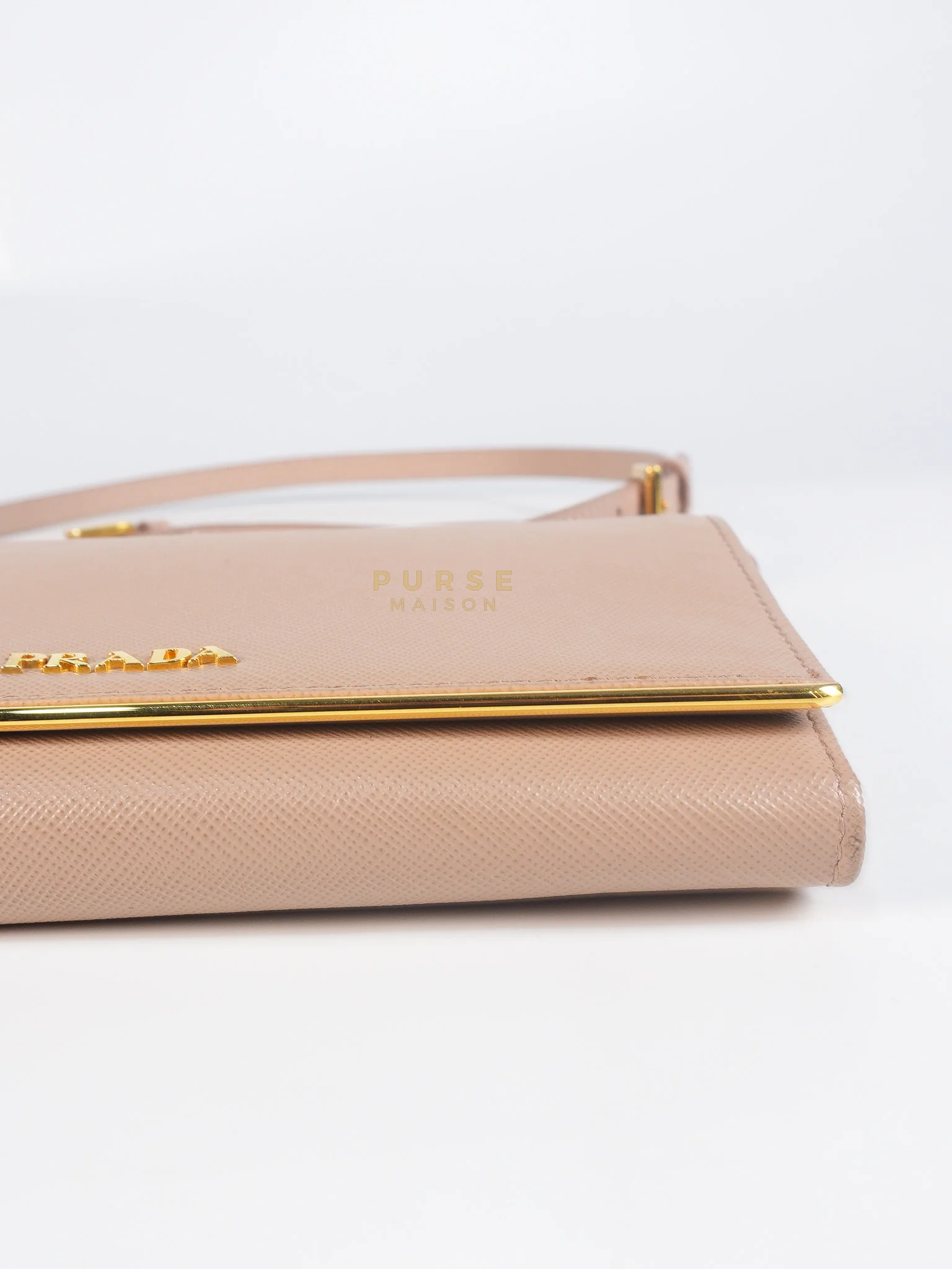 Prada Metal Detail Wallet On Strap in Beige Leather & Gold Hardware - Image 11