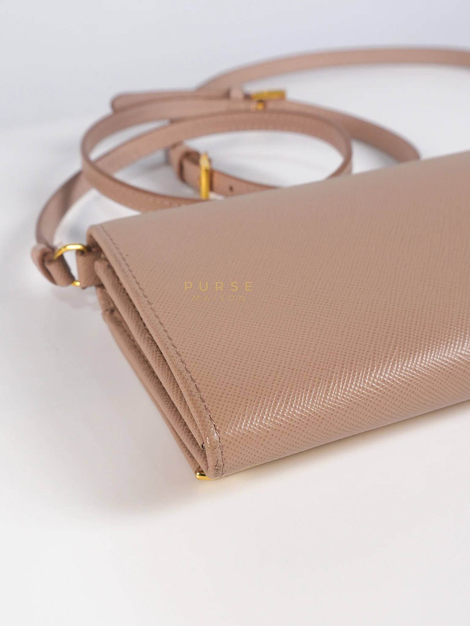 Prada Metal Detail Wallet On Strap in Beige Leather & Gold Hardware - Image 12