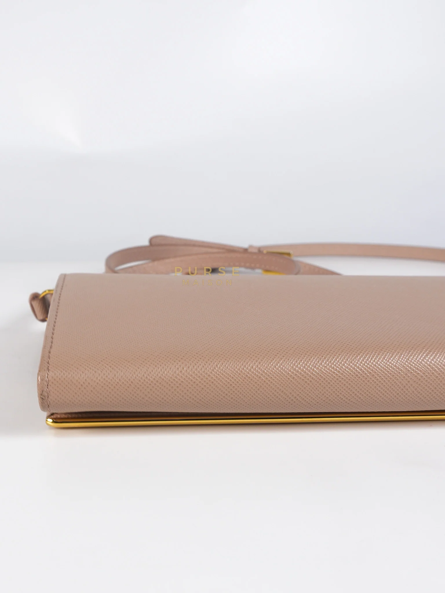 Prada Metal Detail Wallet On Strap in Beige Leather & Gold Hardware - Image 13