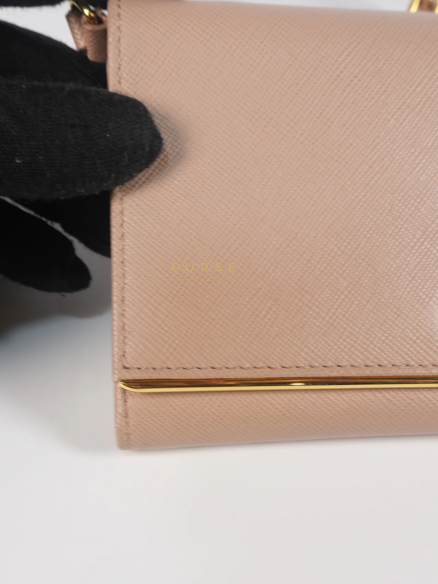 Prada Metal Detail Wallet On Strap in Beige Leather & Gold Hardware - Image 15