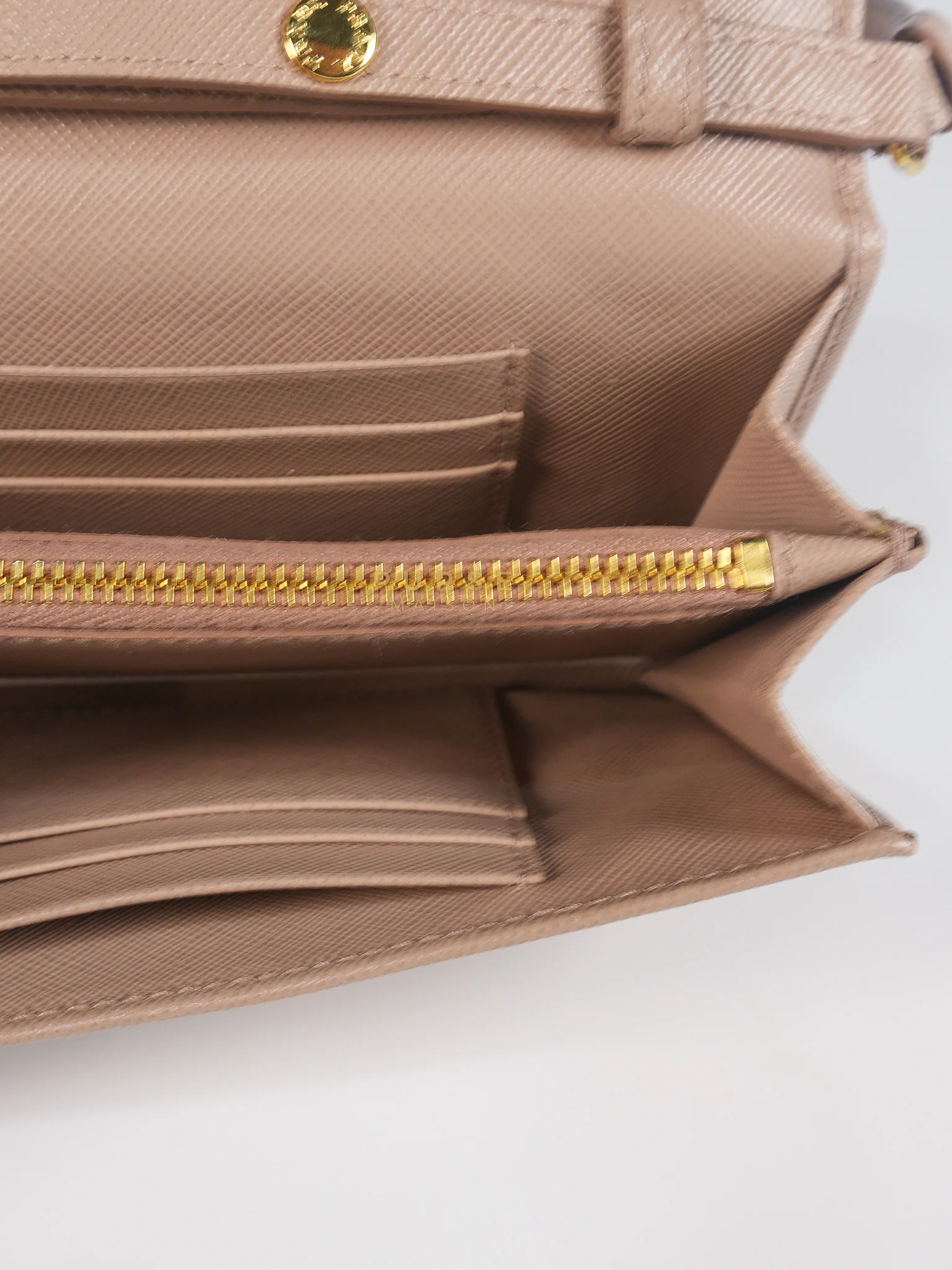 Prada Metal Detail Wallet On Strap in Beige Leather & Gold Hardware - Image 26