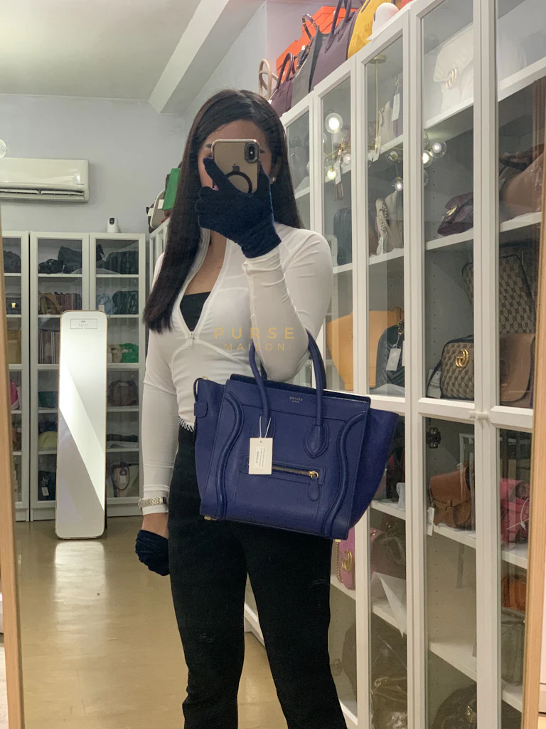Celine Micro Luggage Tote Bag in Blue Calfskin Leather - Image 54