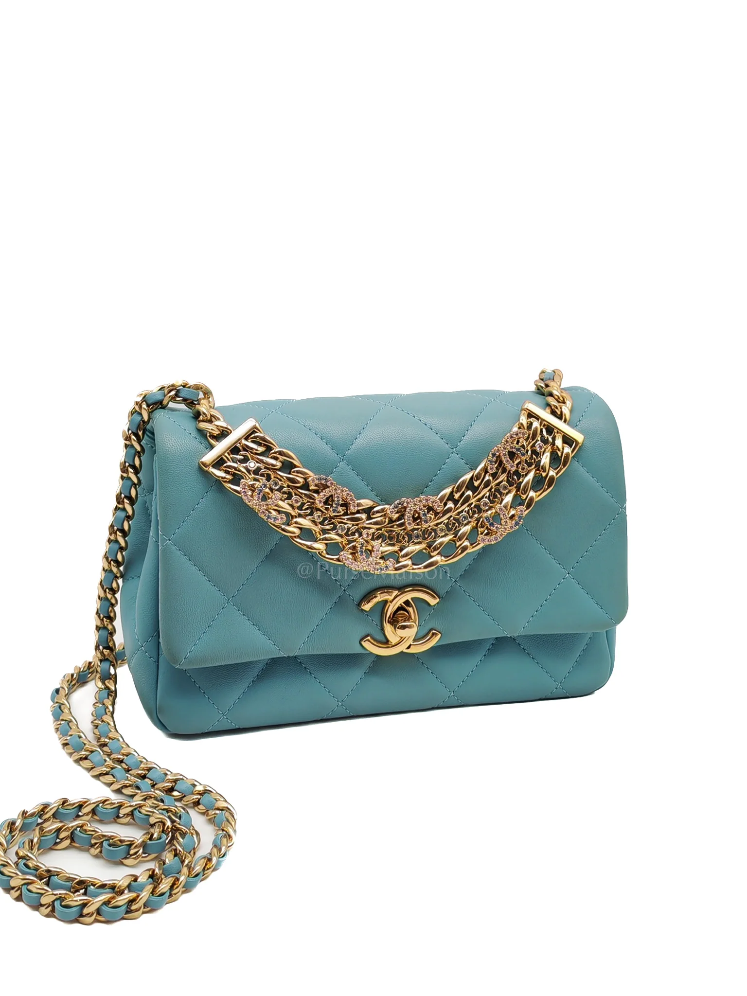 Chanel Mini CC Crystal Logo Chain Flap Bag in Light Blue Quilted Lambskin Leather & Gold Hardware Microchip - Image 2