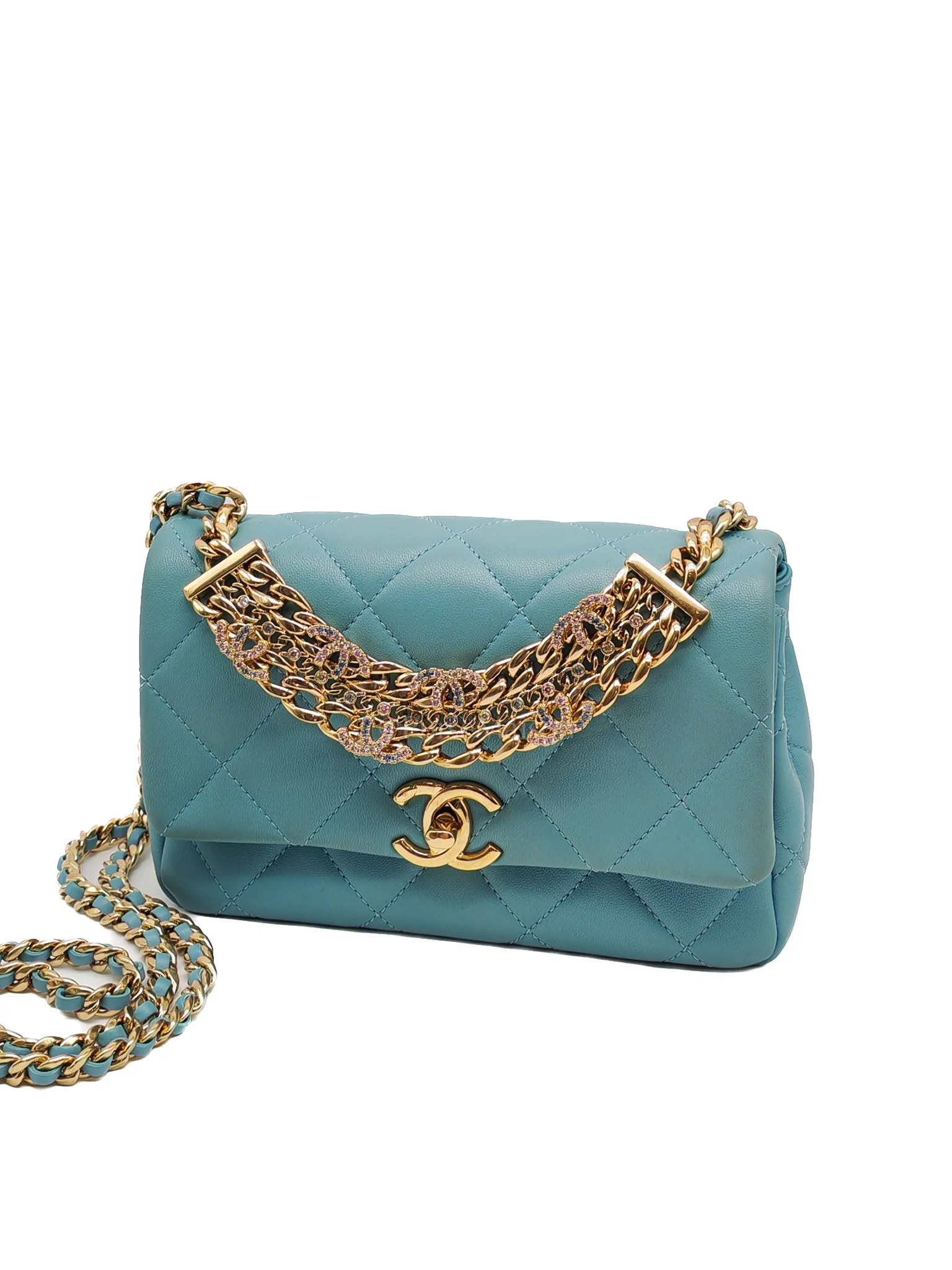 Chanel Mini CC Crystal Logo Chain Flap Bag in Light Blue Quilted Lambskin Leather & Gold Hardware Microchip - Image 3