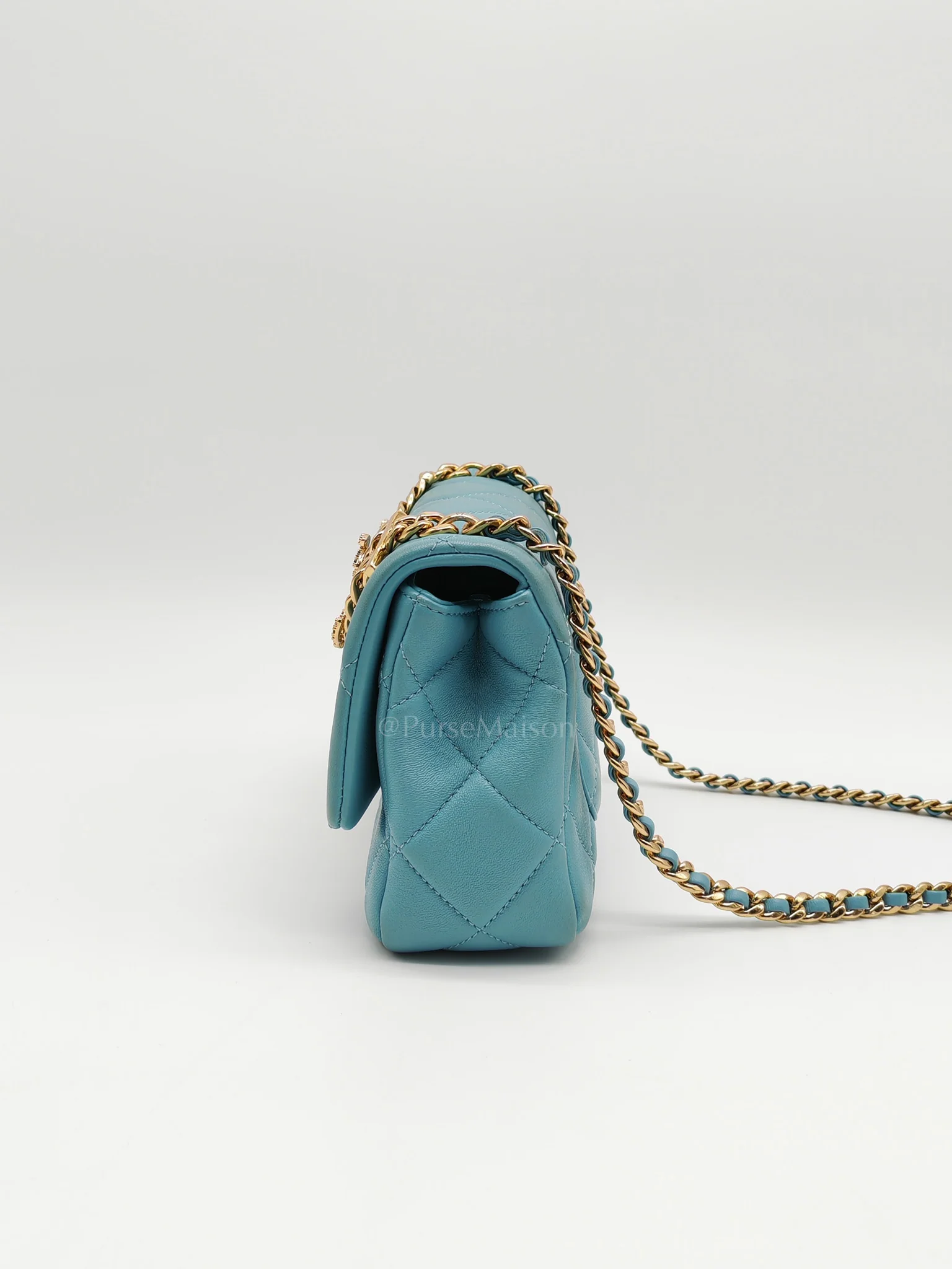 Chanel Mini CC Crystal Logo Chain Flap Bag in Light Blue Quilted Lambskin Leather & Gold Hardware Microchip - Image 5