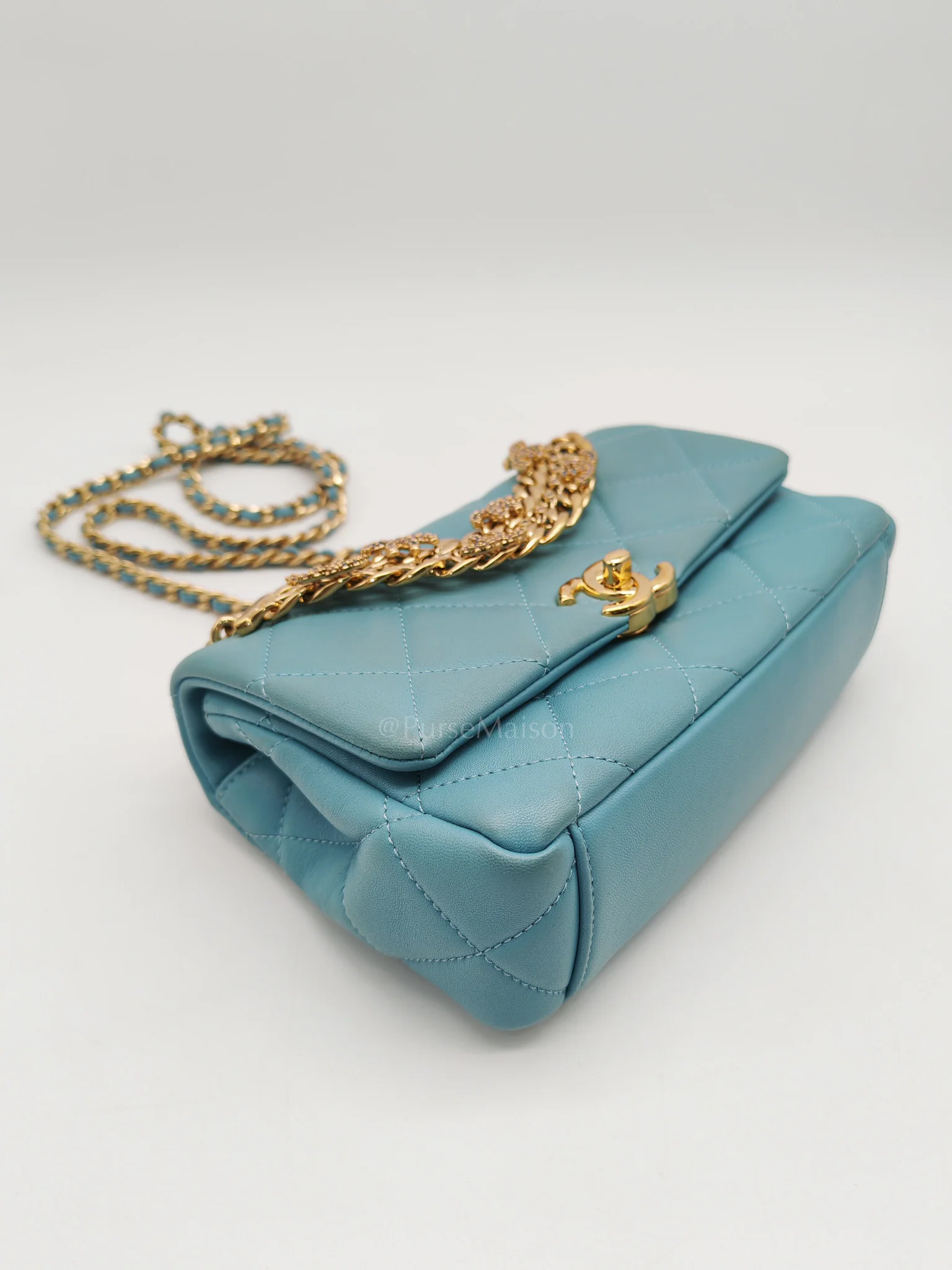 Chanel Mini CC Crystal Logo Chain Flap Bag in Light Blue Quilted Lambskin Leather & Gold Hardware Microchip - Image 8