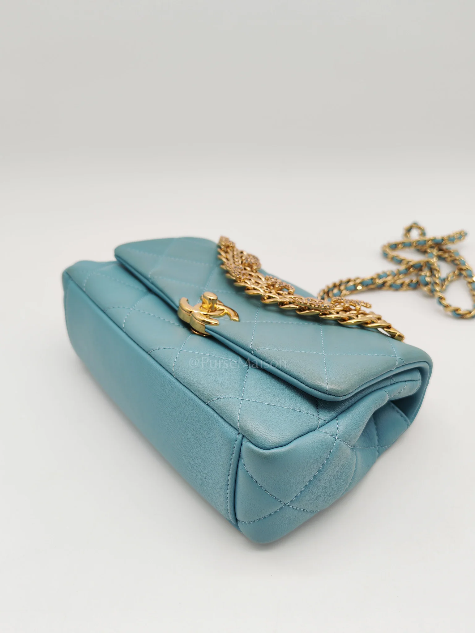 Chanel Mini CC Crystal Logo Chain Flap Bag in Light Blue Quilted Lambskin Leather & Gold Hardware Microchip - Image 9