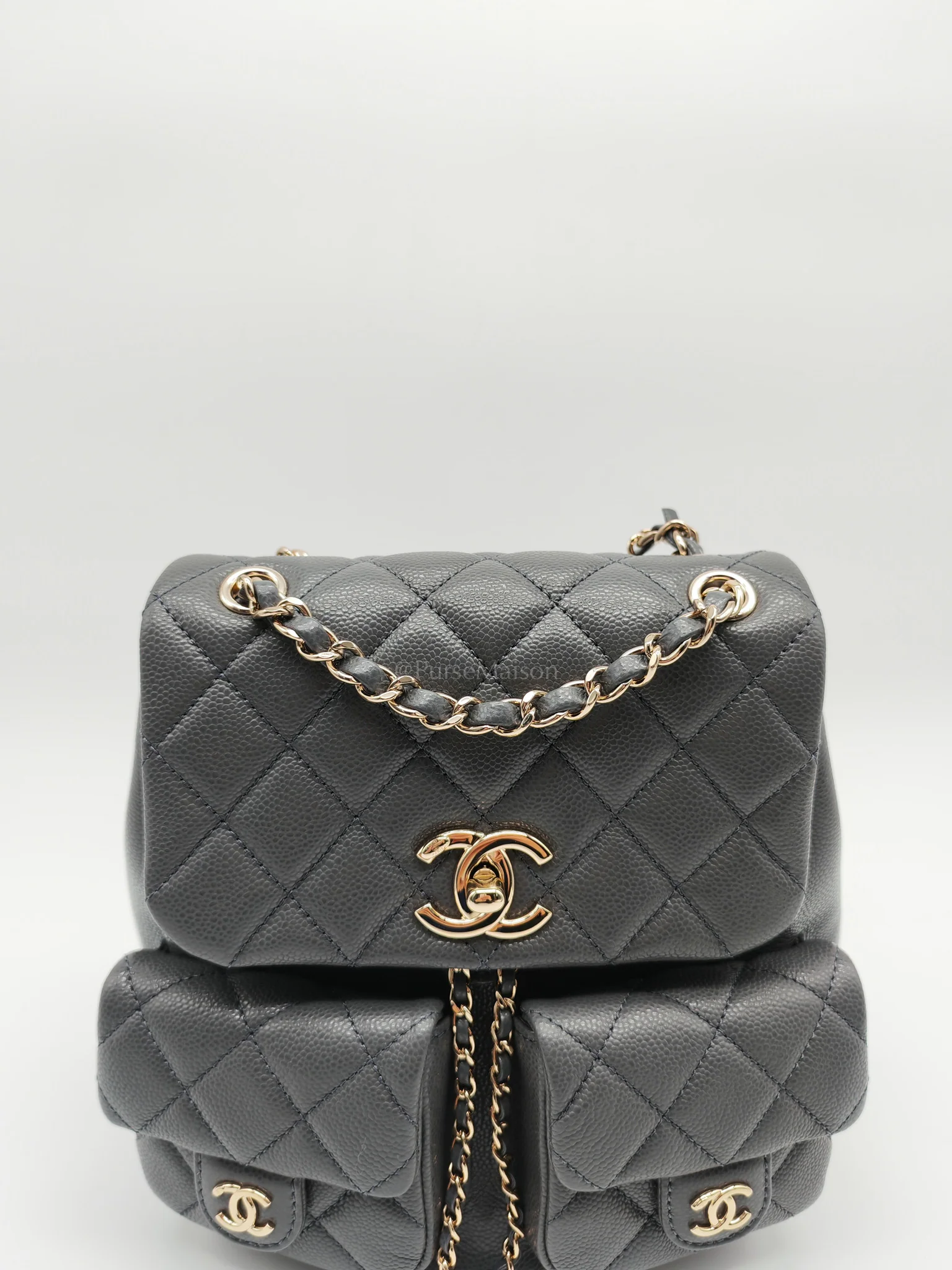 Chanel Mini Duma Backpack in Gray Quilted Caviar Leather and Light Gold Hardware (Microchip) - Image 12