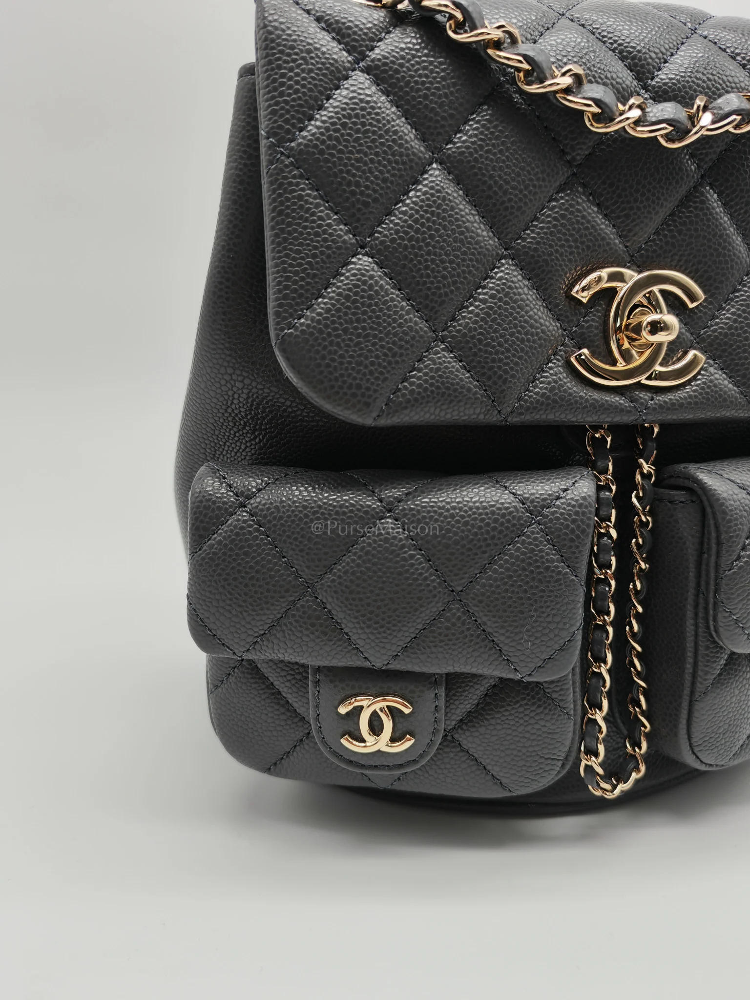 Chanel Mini Duma Backpack in Gray Quilted Caviar Leather and Light Gold Hardware (Microchip) - Image 14
