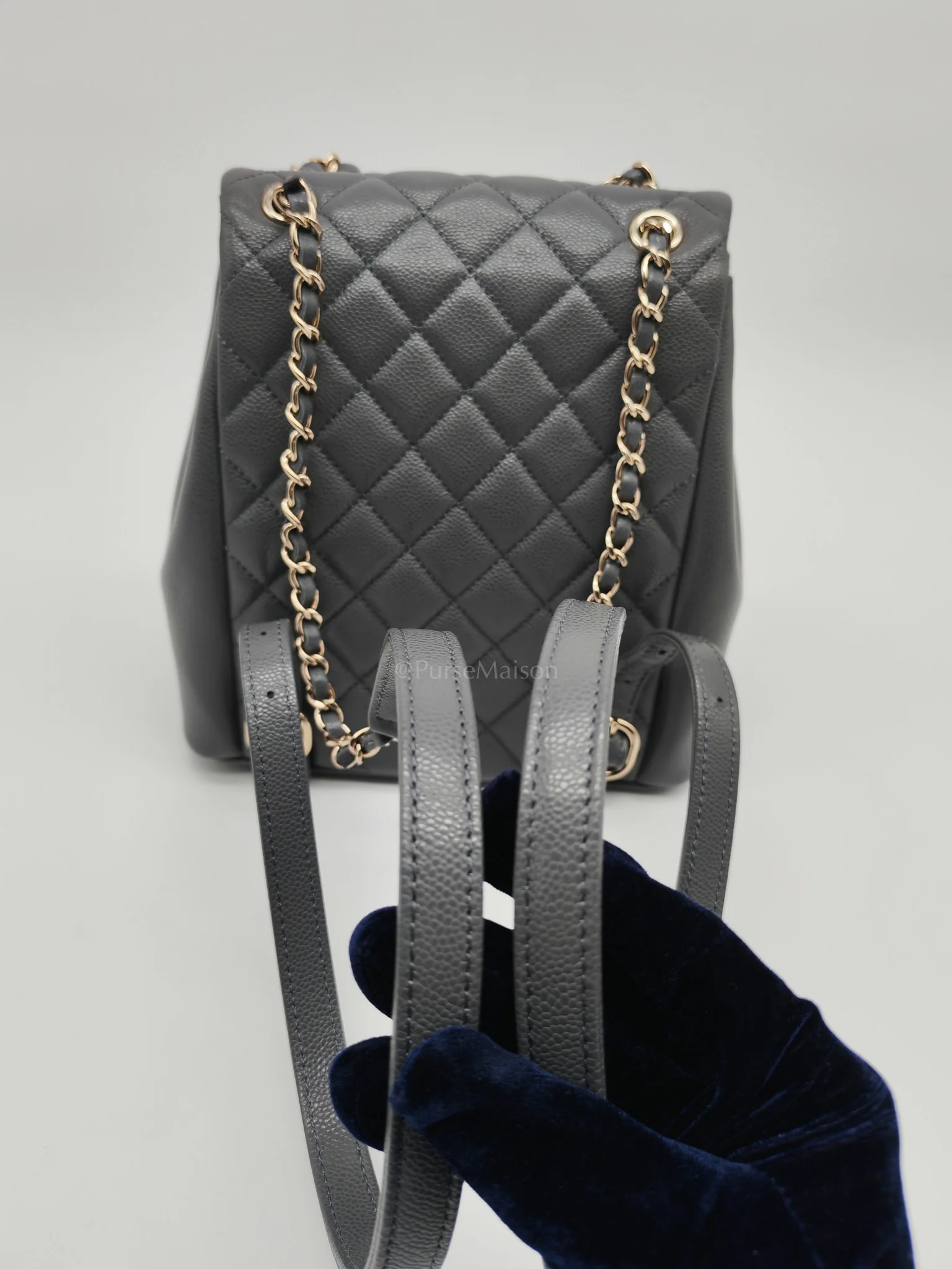 Chanel Mini Duma Backpack in Gray Quilted Caviar Leather and Light Gold Hardware (Microchip) - Image 17