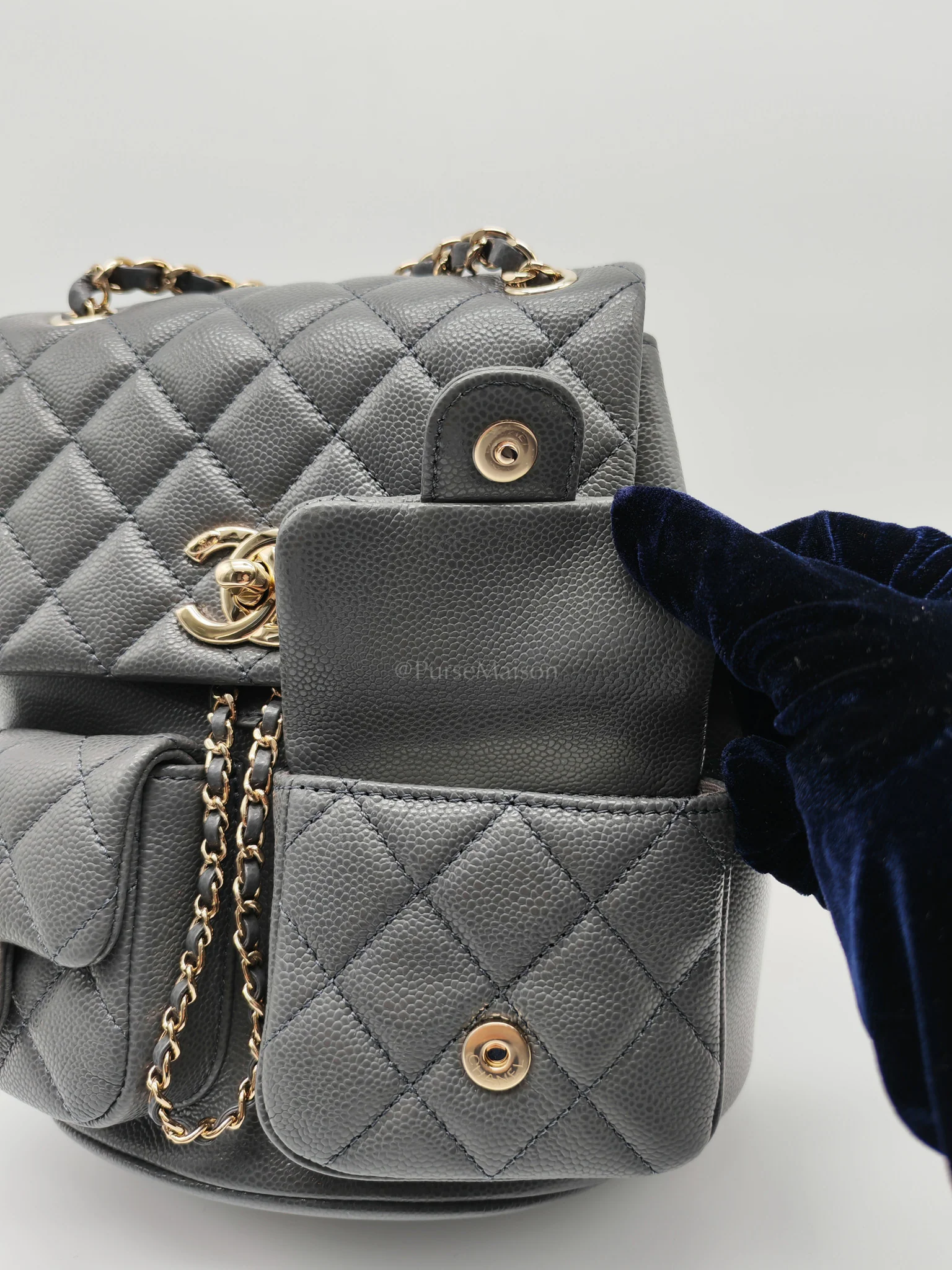 Chanel Mini Duma Backpack in Gray Quilted Caviar Leather and Light Gold Hardware (Microchip) - Image 19