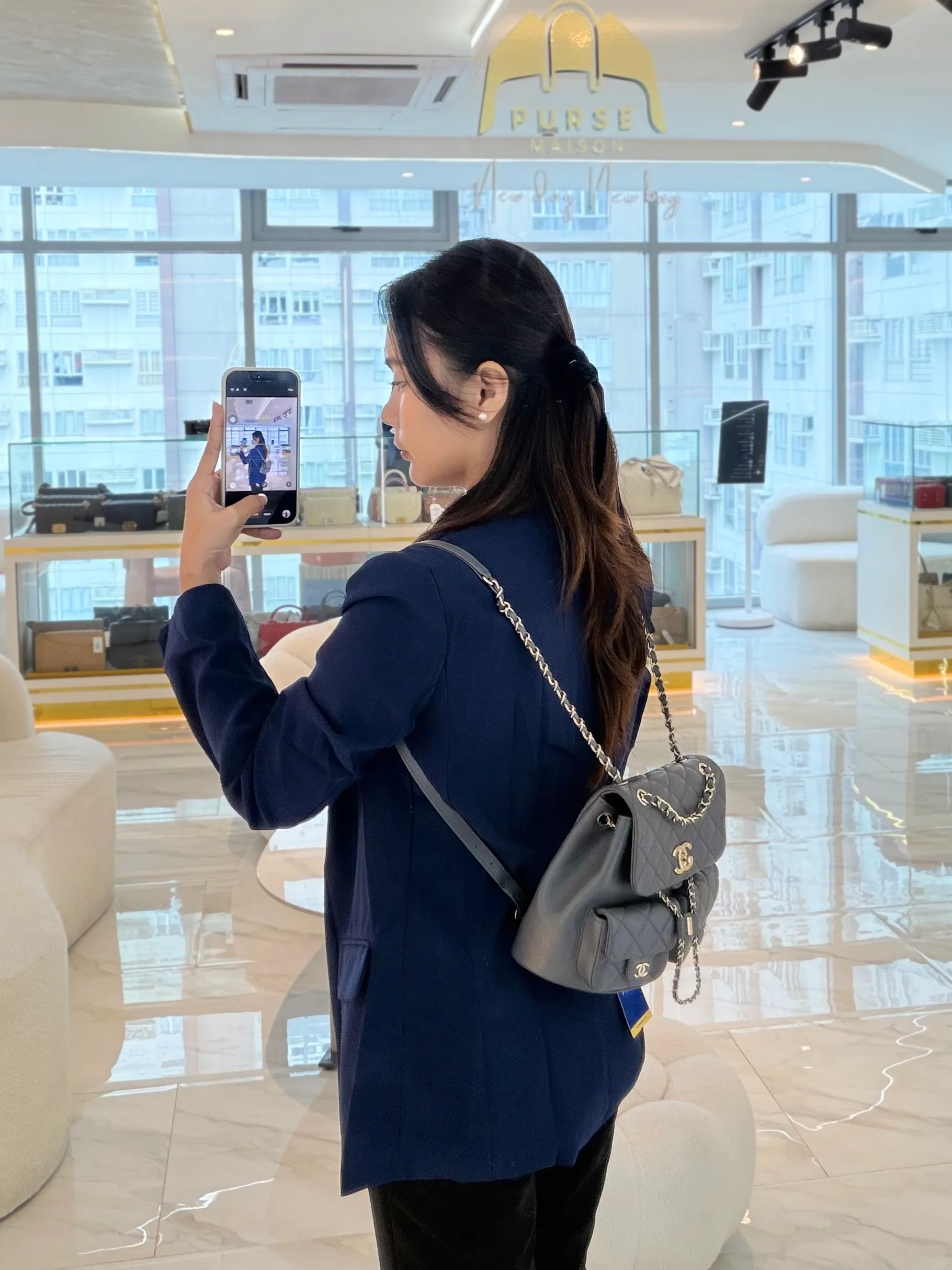 Chanel Mini Duma Backpack in Gray Quilted Caviar Leather and Light Gold Hardware (Microchip) - Image 35