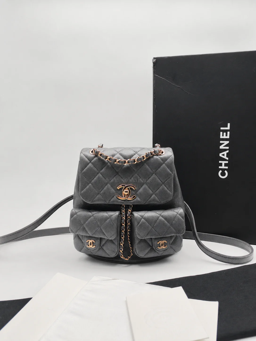 Chanel Mini Duma Backpack in Gray Quilted Caviar Leather and Light Gold Hardware (Microchip) - Image 36