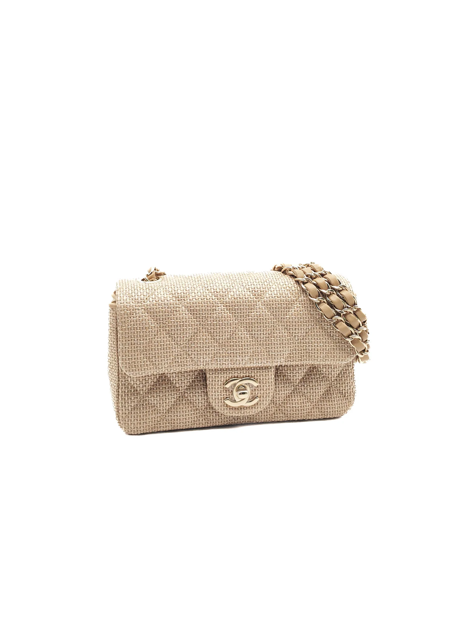 Chanel Mini Flap Bag in Dark Beige Raffia & Light Gold Hardware Microchip - Image 2