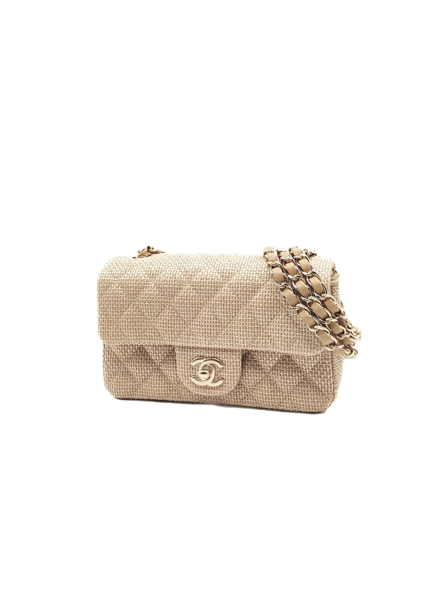 Chanel Mini Flap Bag in Dark Beige Raffia & Light Gold Hardware Microchip - Image 3