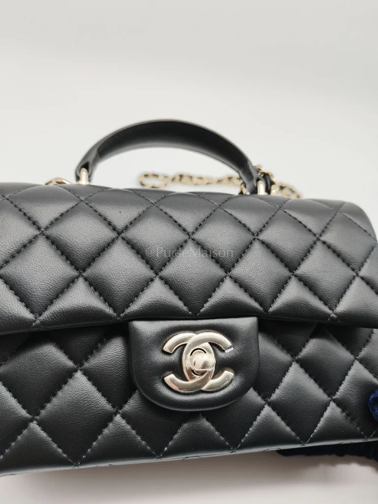 Chanel Mini Rectangle Top Handle Bag in Black Lambskin Leather & Light Gold Hardware Microchip - Image 13