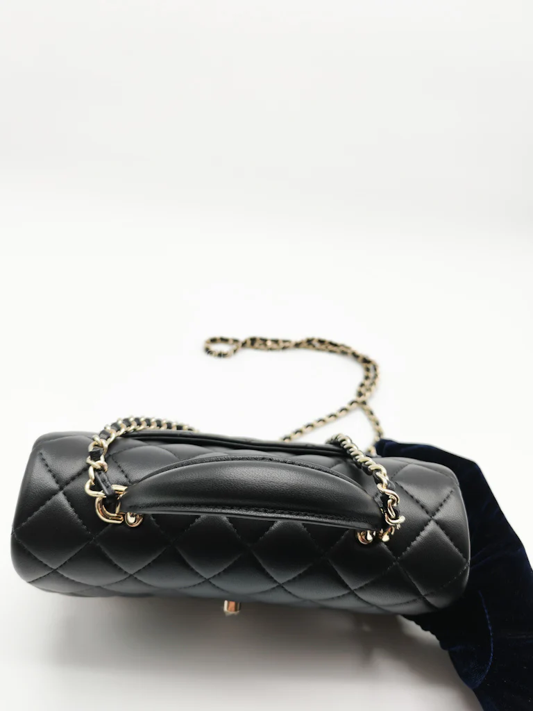 Chanel Mini Rectangle Top Handle Bag in Black Lambskin Leather & Light Gold Hardware Microchip - Image 14