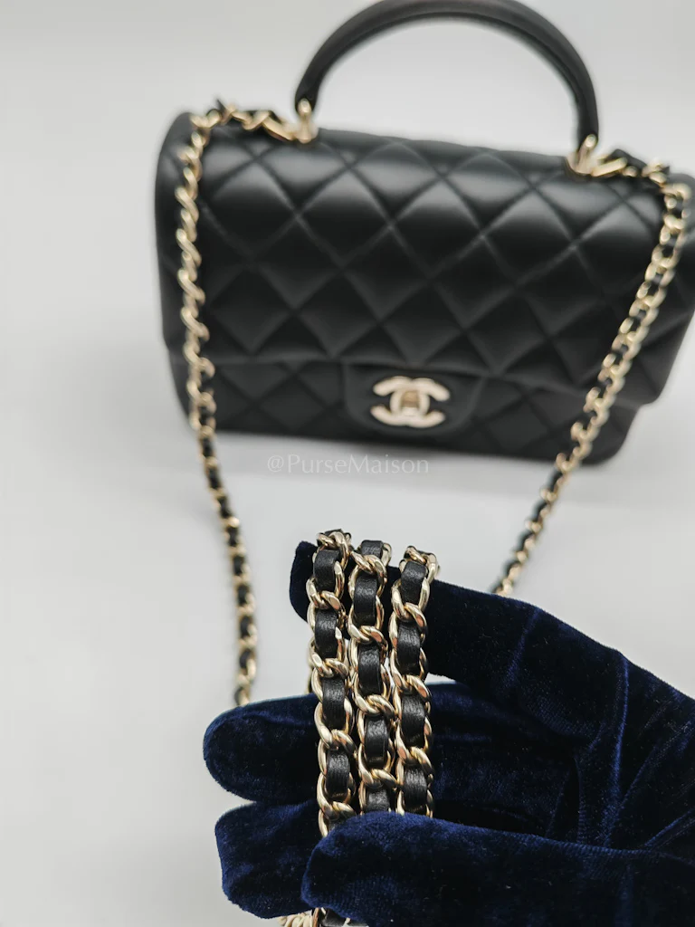 Chanel Mini Rectangle Top Handle Bag in Black Lambskin Leather & Light Gold Hardware Microchip - Image 19