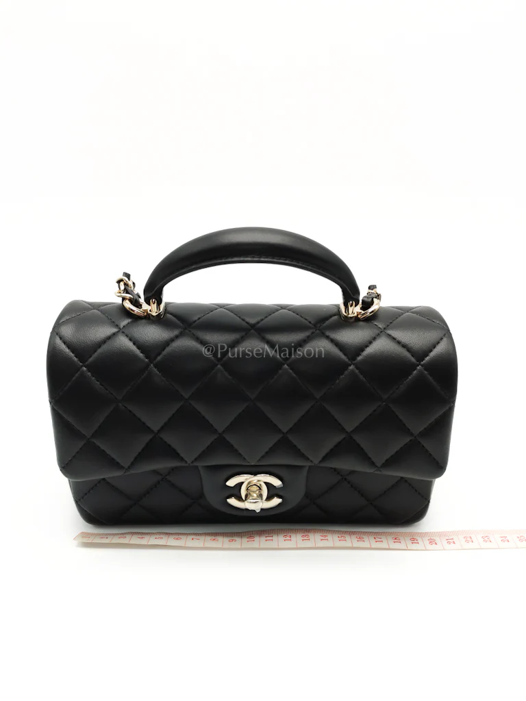 Chanel Mini Rectangle Top Handle Bag in Black Lambskin Leather & Light Gold Hardware Microchip - Image 21