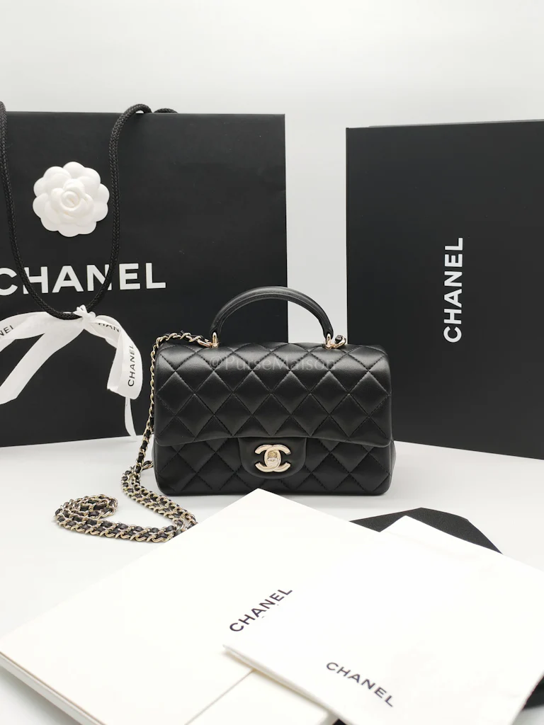 Chanel Mini Rectangle Top Handle Bag in Black Lambskin Leather & Light Gold Hardware Microchip - Image 23