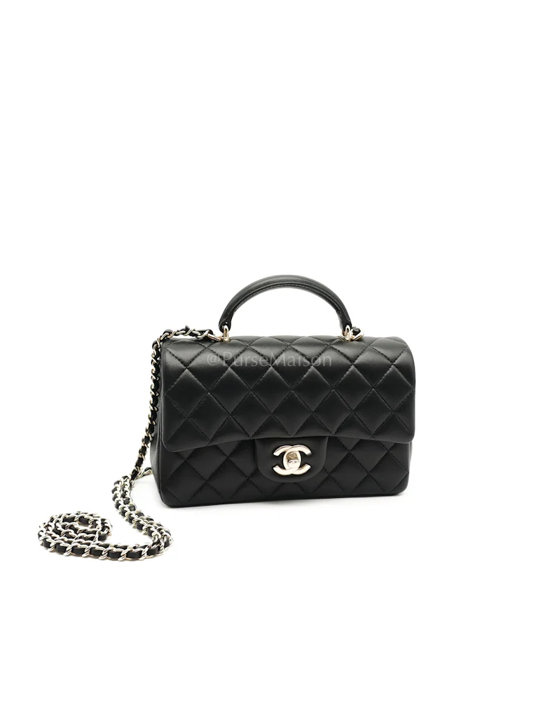 Chanel Mini Rectangle Top Handle Bag in Black Lambskin Leather & Light Gold Hardware Microchip - Image 3