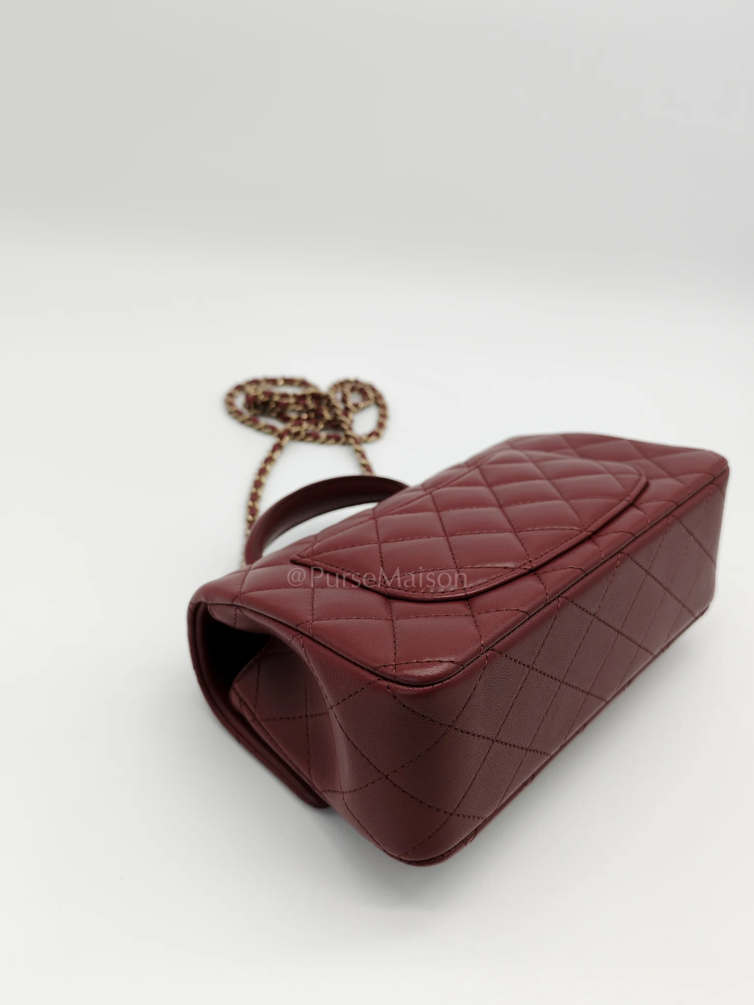 Chanel Mini Rectangle Top Handle in Burgundy Quilted Lambskin Leather and Light Gold Hardware (Microchip) - Image 10