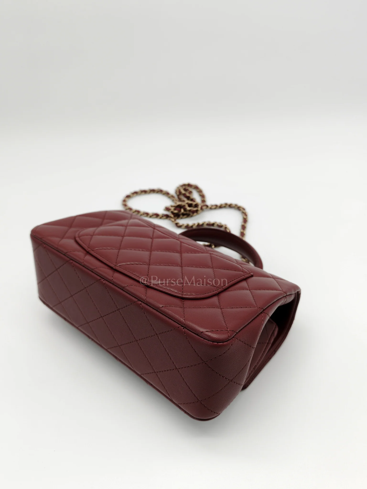 Chanel Mini Rectangle Top Handle in Burgundy Quilted Lambskin Leather and Light Gold Hardware (Microchip) - Image 11