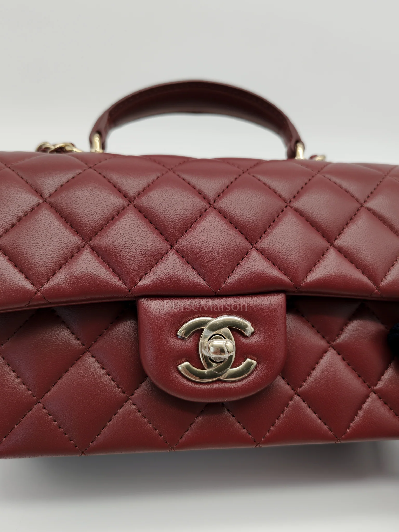 Chanel Mini Rectangle Top Handle in Burgundy Quilted Lambskin Leather and Light Gold Hardware (Microchip) - Image 12