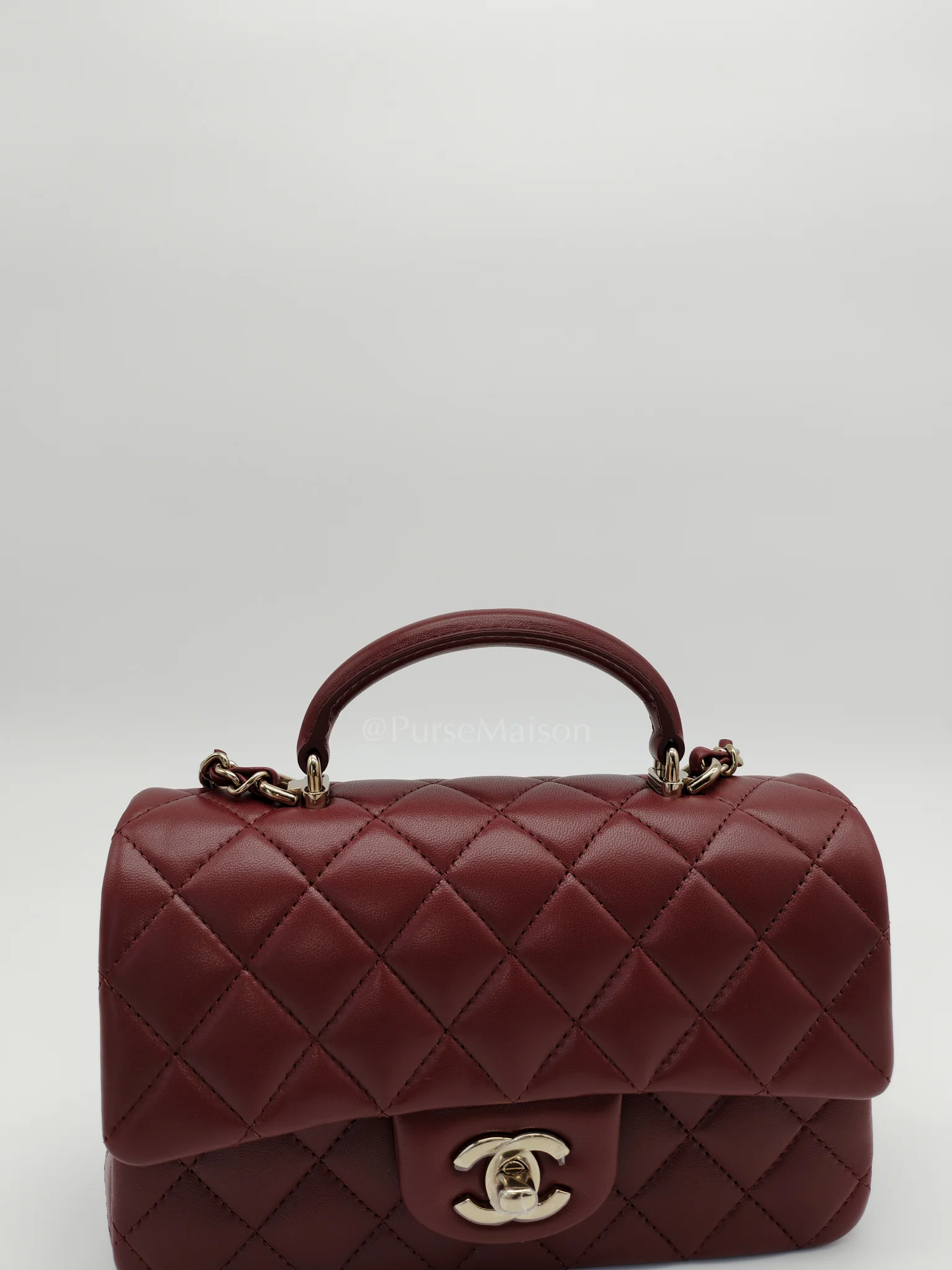 Chanel Mini Rectangle Top Handle in Burgundy Quilted Lambskin Leather and Light Gold Hardware (Microchip) - Image 13