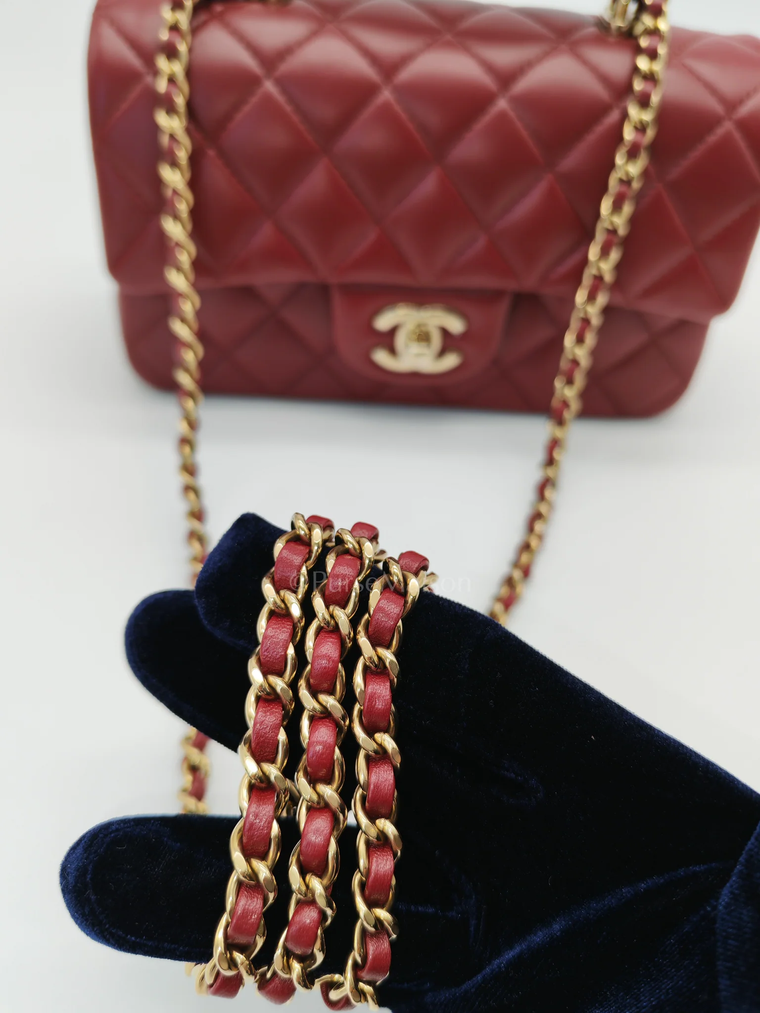 Chanel Mini Rectangle Top Handle in Burgundy Quilted Lambskin Leather and Light Gold Hardware (Microchip) - Image 14
