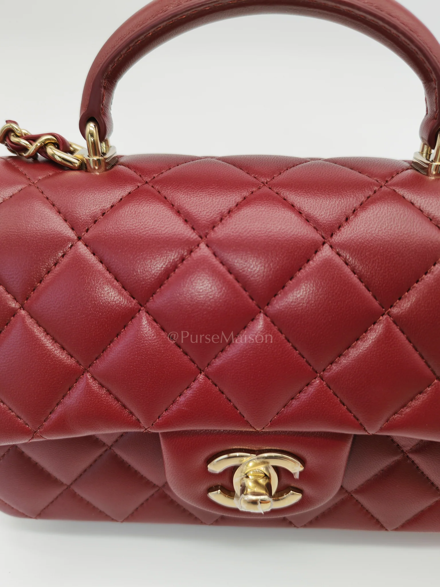 Chanel Mini Rectangle Top Handle in Burgundy Quilted Lambskin Leather and Light Gold Hardware (Microchip) - Image 15