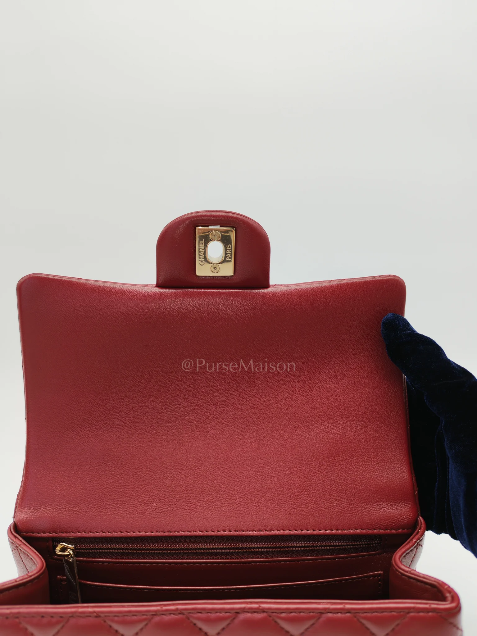 Chanel Mini Rectangle Top Handle in Burgundy Quilted Lambskin Leather and Light Gold Hardware (Microchip) - Image 17