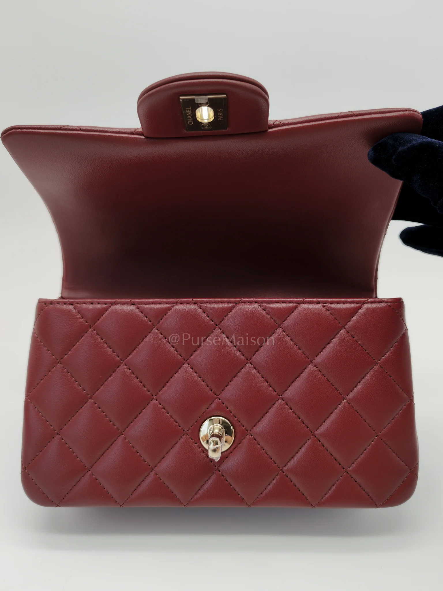 Chanel Mini Rectangle Top Handle in Burgundy Quilted Lambskin Leather and Light Gold Hardware (Microchip) - Image 18